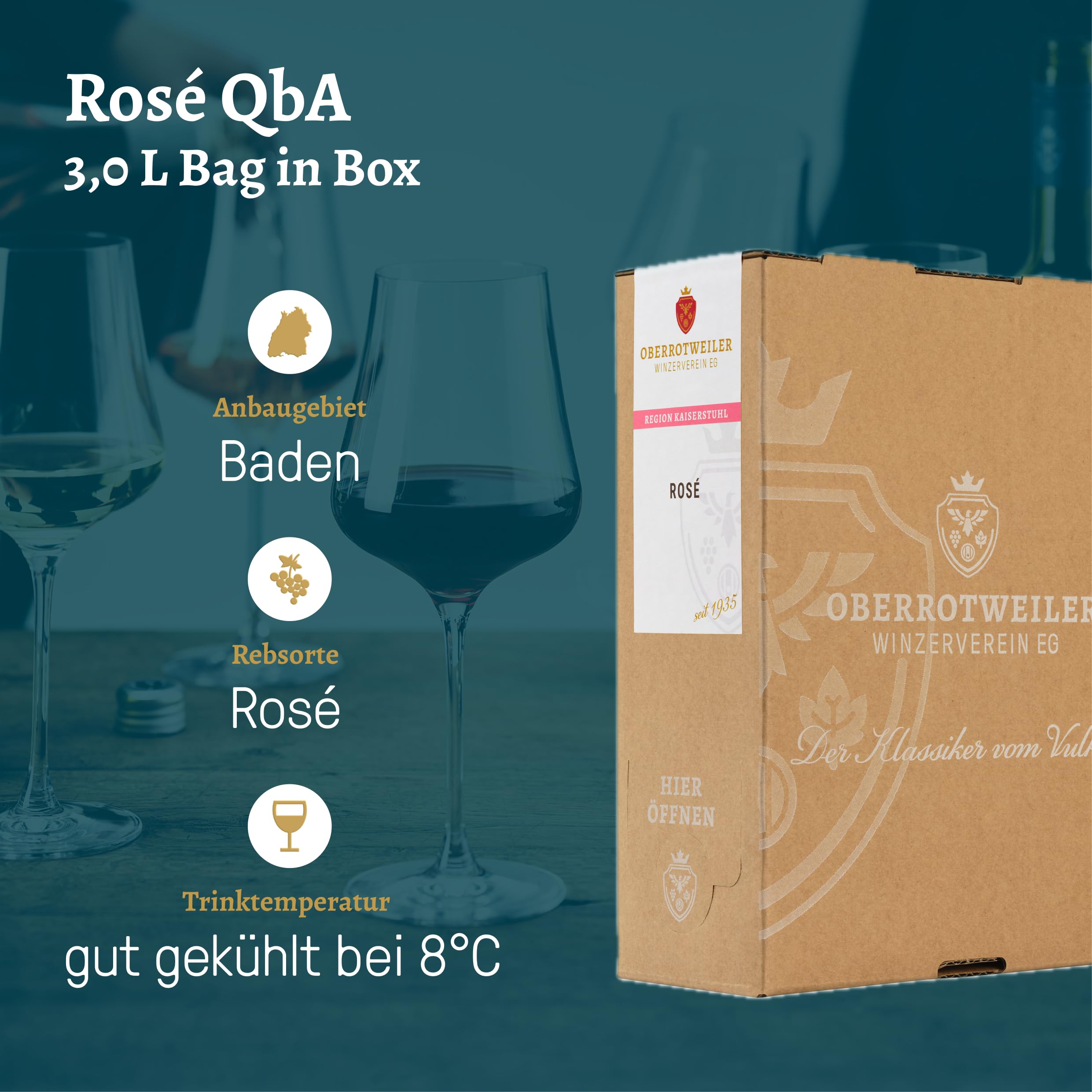 Oberrotweiler Wein-Box Rosé 3 Liter QbA – BRONZE 2026 AWC Vienna – Zarte Fruchtaromen nach Pfirsich, Apfel und Zitrusfrüchten – Badischer Wein, Anbaugebiet Baden (1 x 3,0 l Bag-in-Box)