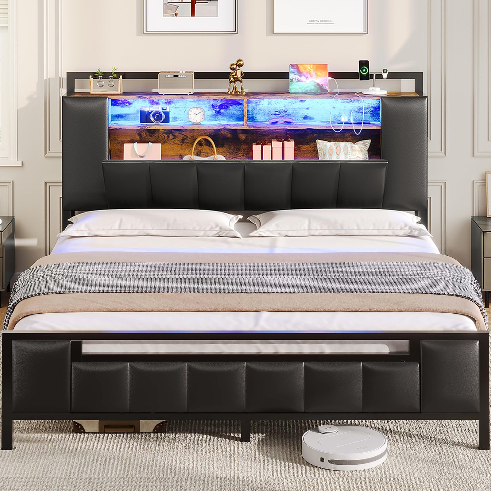 VIAGDO LED Bed Frame Full Size with Storage Headboard, Full Bed Frame with Lights and Charging Station, Upholstered Headboard with Hidden Storage and Shelves, No Box Spring Needed, Sturdy, Black