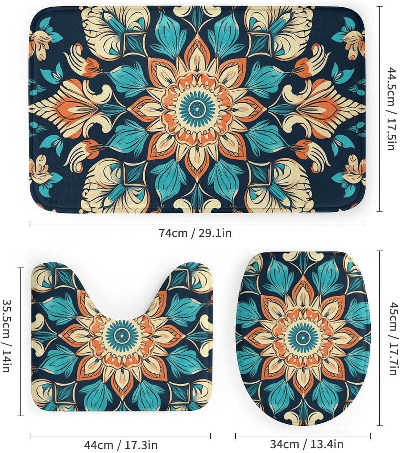 Vintage Mandala Flowers Shower Curtains Set 4 Piece with Non-Slip Rugs, Toilet Lid Cover and Bath Mat Soft Bathroom Carpet Waterproof Bathroom Curtain with 12 Hooks for Bathroom Decor