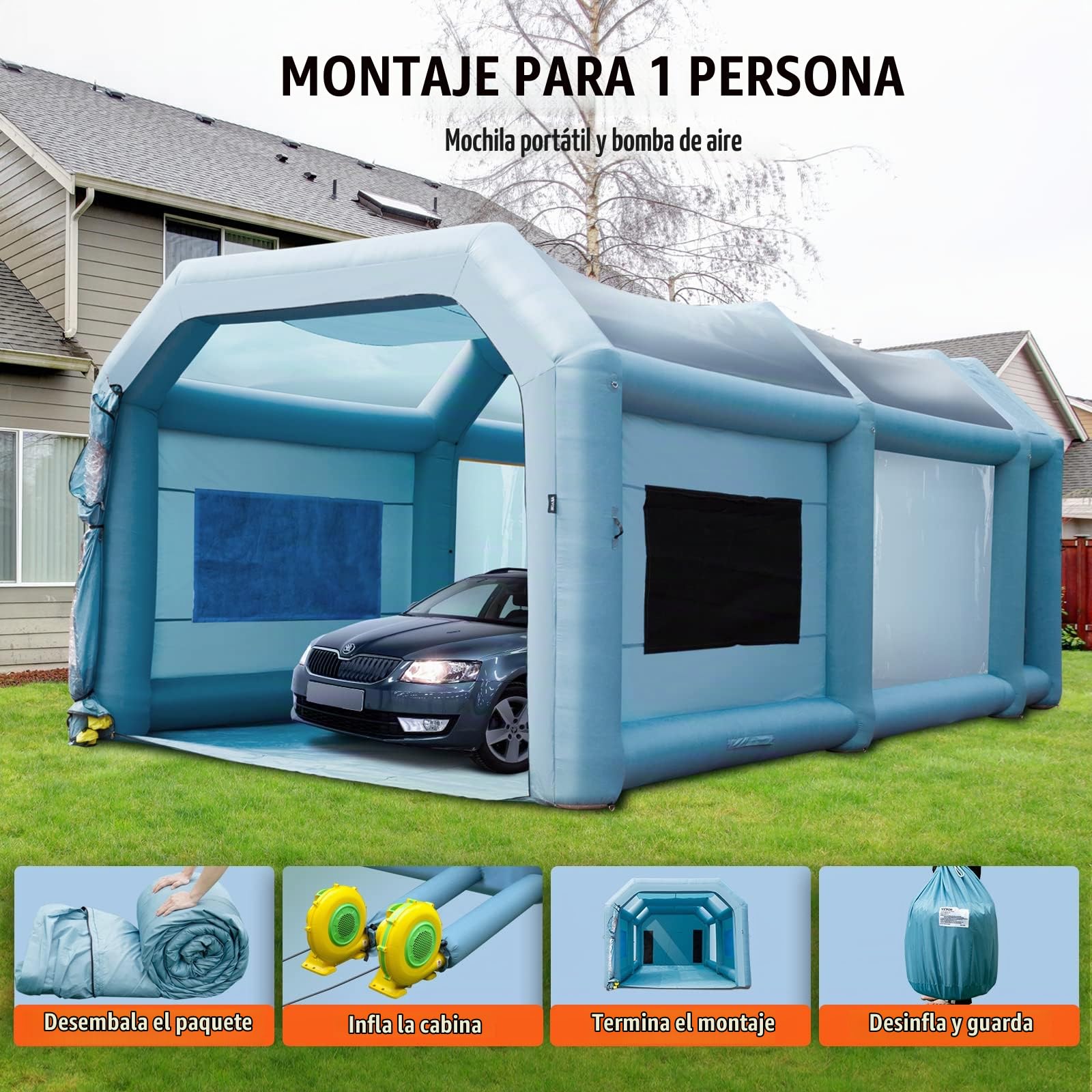 VEVOR Cabina de Pintura Inflable 8 x 4,5 x 3,3 m Carpa Hinchable de Pintura de Coches en Oxford 210D con Sistema de Filtración 2 Sopladores 960W + 750W Estación de Trabajo de Pintura Taller de Garaje