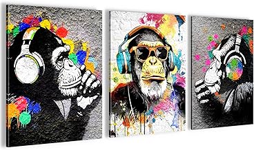 Novart Wandbilder Affe Banksy Style Graffiti - KOMPLETT AUFHÄNGFERTIG - Wohnzimmer Loft Deko - 3 Moderne Bilder Grau Bunt - N034535a
