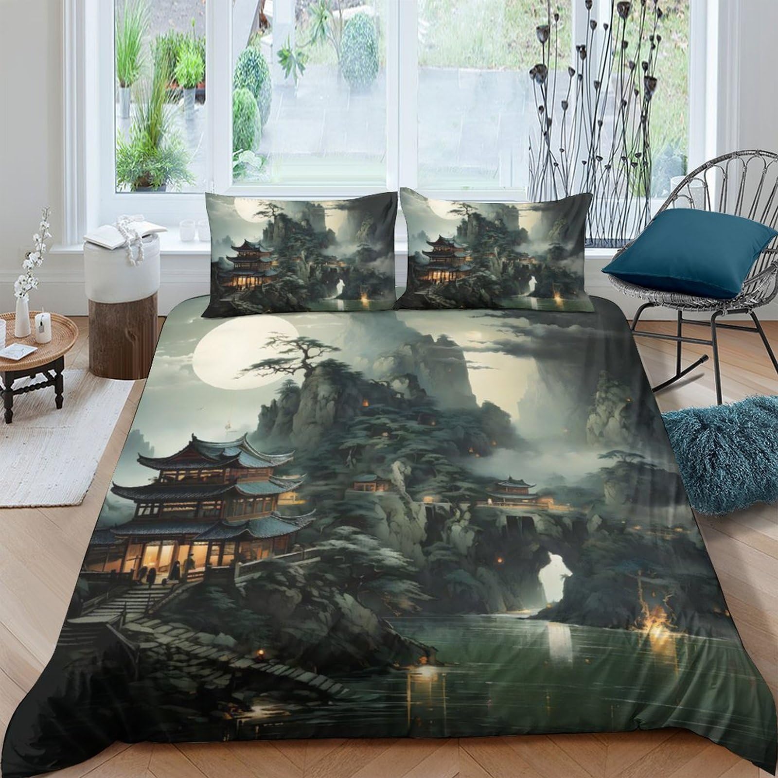 Ctjqhvkz Style-2 3D Printed Misty Mountain Fitted Sheet Microfiber Soft Pagoda Landscape Bed Cover For Bedroom Guest Room Decor Single（135X200cm）