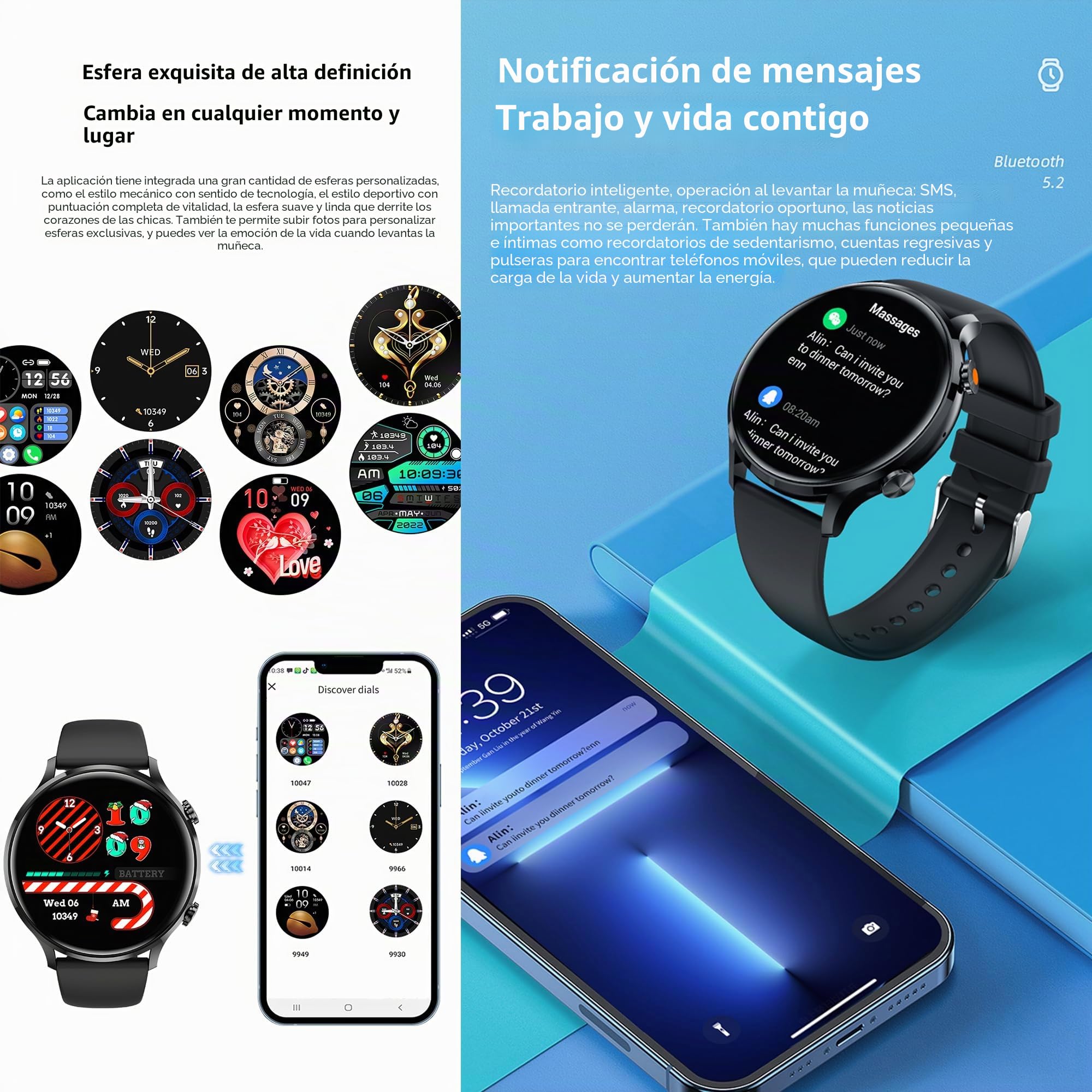 Reloj Inteligente Hombre con Llamadas, 1,39 Pulgada Cuero Smartwatch Deportivo con Podometro Pulsometro SpO2 Sueño Presion Arterial Pulsera Actividad 5ATM Reloj para iOS Android 3 Correas (Negro)