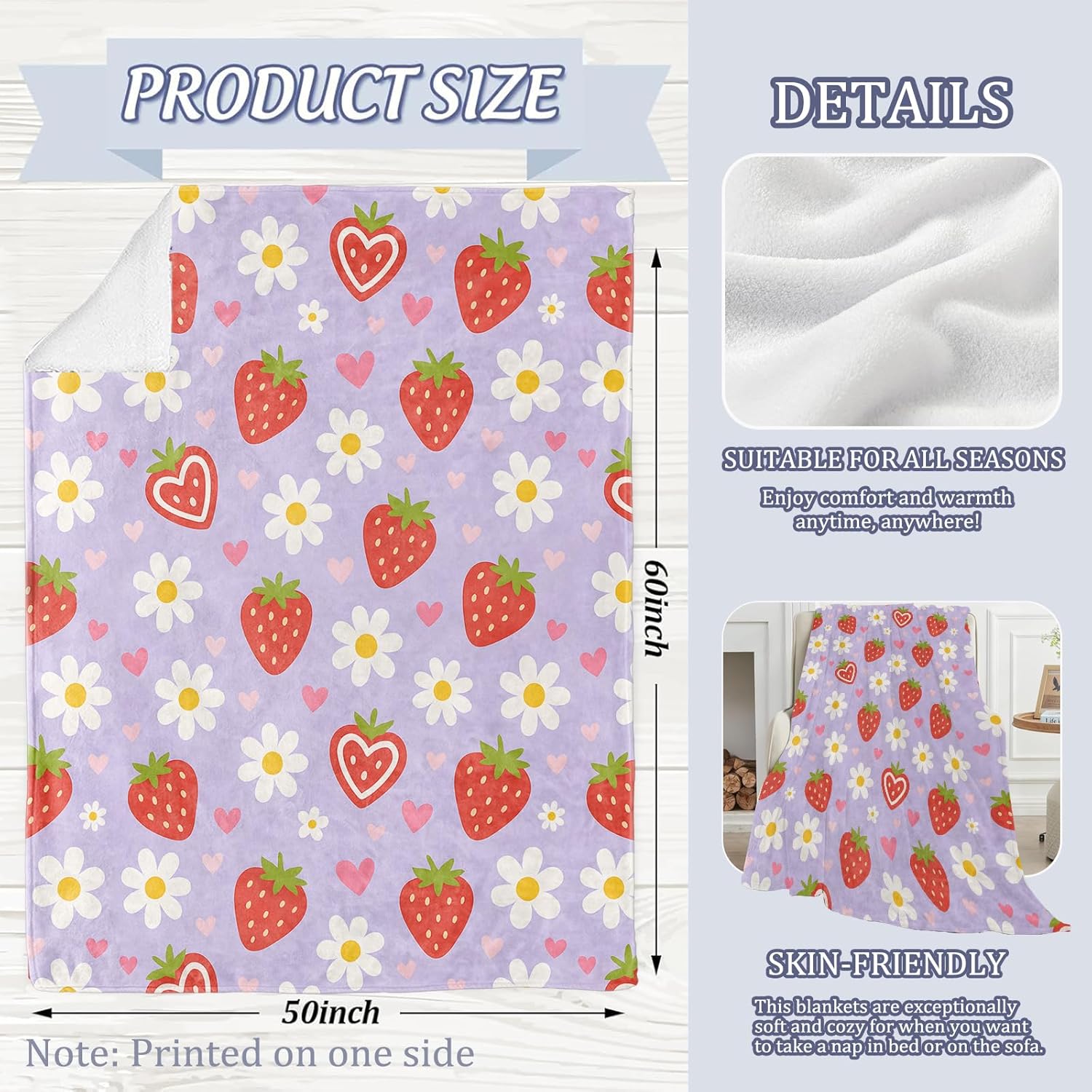 Cute Strawberry Blanket, Daisy and Heart Design 60 x 50 Inch Flannel Throw Blanket, Gifts for Women Kids, Lightweight Cozy Warm Blankets for Sofa Travel Home Decor - Image 3