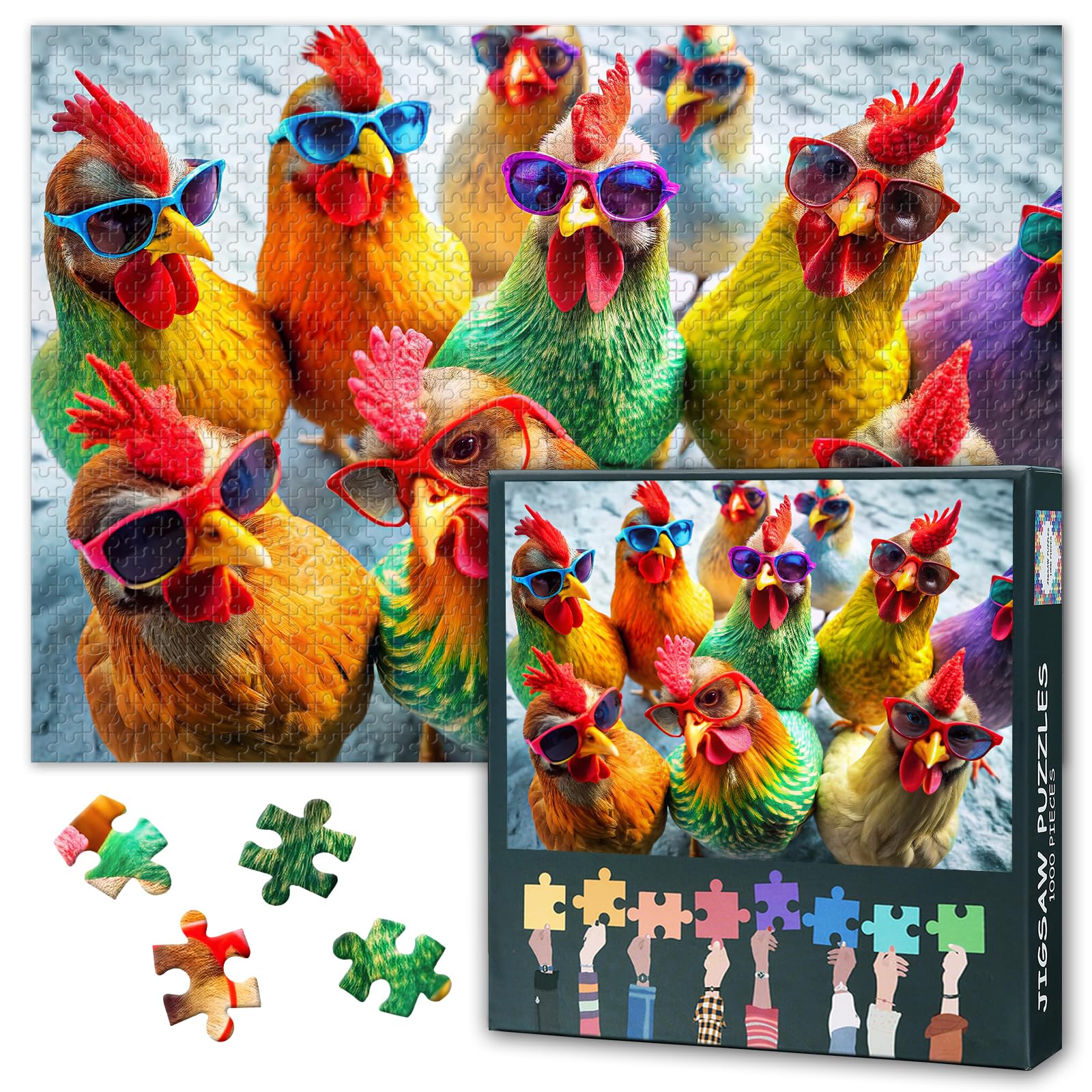 Jigsaw Puzzles 1000-Pieces, Whimsical Chickens in Retro Sunglasses, 20x28 Inch Farm Animal Photography Art for Adults & Teens - Image 2