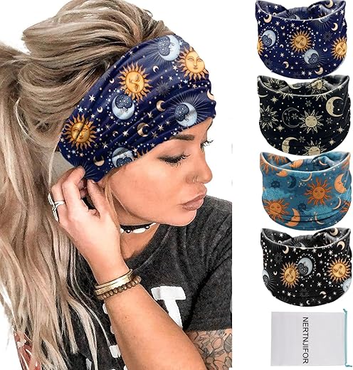Women Headbands Stars Moon Wide Knotted Headband Non Slip Wraps Elastic Yoga Turban Fashion Hair Bands Soft Hair Wrap Hair Accessories for Girls Pack of 4 (Star Moon)