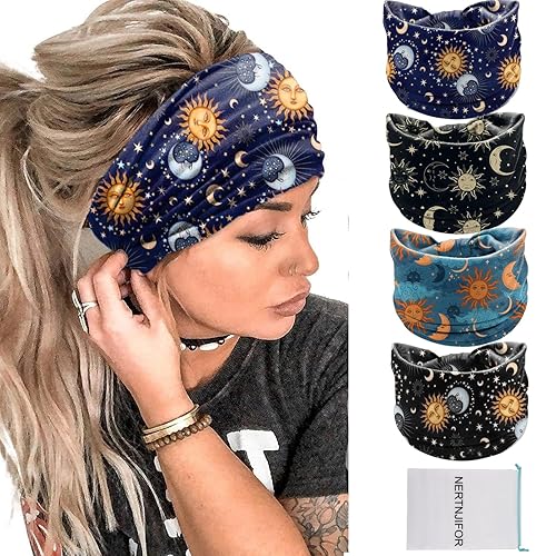 NERTNJIFOR Women Headbands Stars Moon Wide Knotted Headband Non Slip Wraps Elastic Yoga Turban Fashion Hair Bands Soft Hair Wrap Hair Accessories for Girls Pack of 4 (Star Moon)