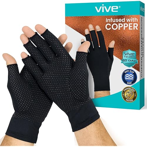 Vive Copper Infused Fingerless Arthritis Compression Gloves (Pair) - Relief for Men, Women, Rheumatoid, Swelling, Carpal Tunnel, Tendonitis, Edema, Hand & Finger Pain - Comfortable Non-Slip (Small)