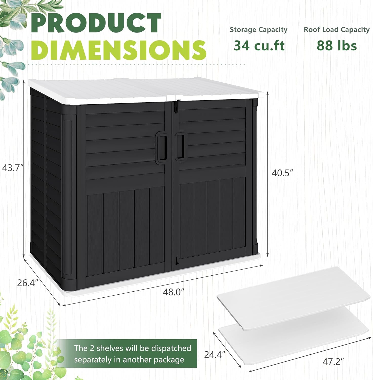Greesum Outdoor Storage Shed 34 Cu Ft with Lockable Doors, Waterproof Outdoor Storage Cabinet for Trash Cans, Patio Cushions, Gardening Tools with Wood Grain Finish (Black)
