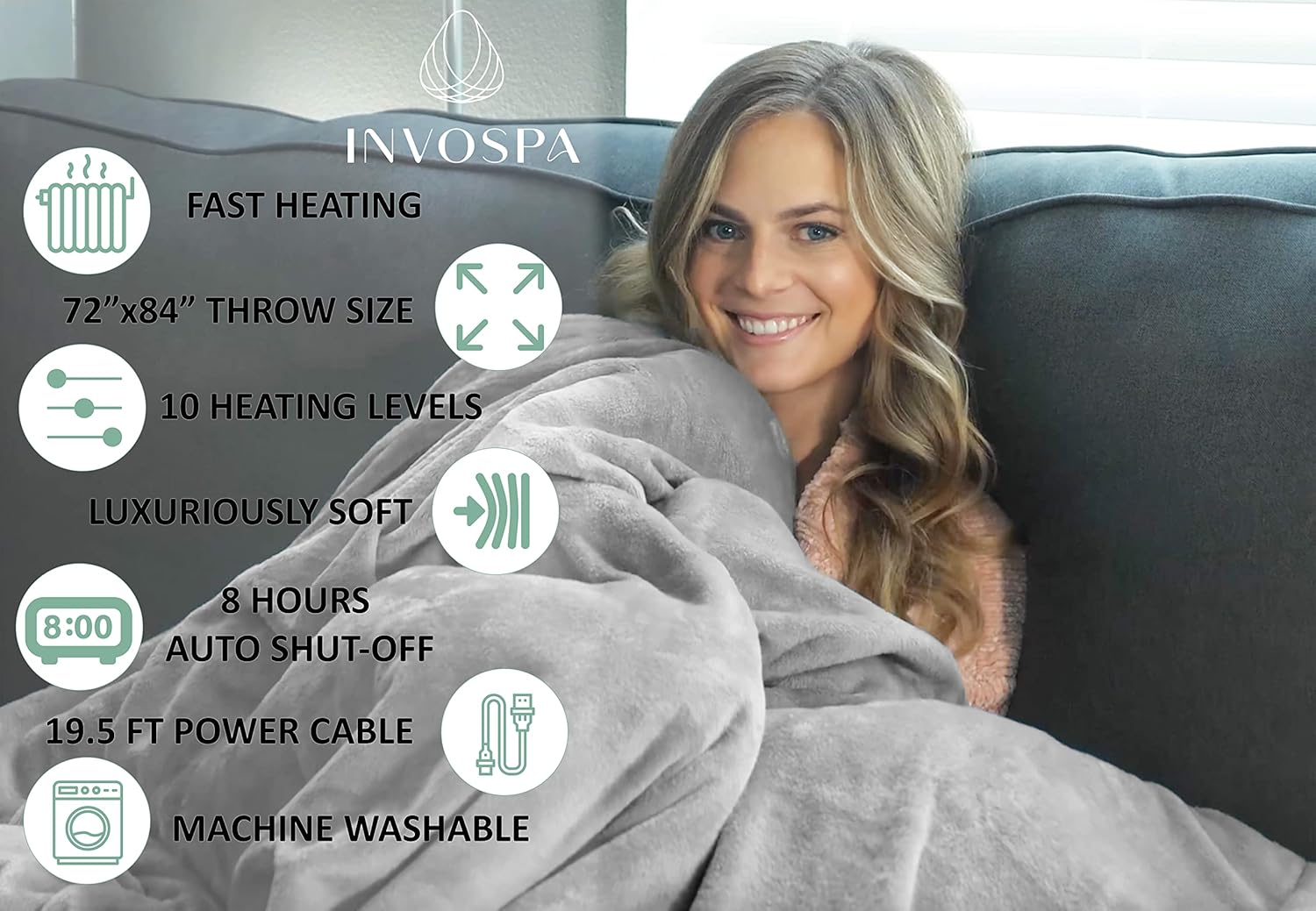 Review InvoSpa Electric Throw Heated Blanket 72" x 84" Fast Heating