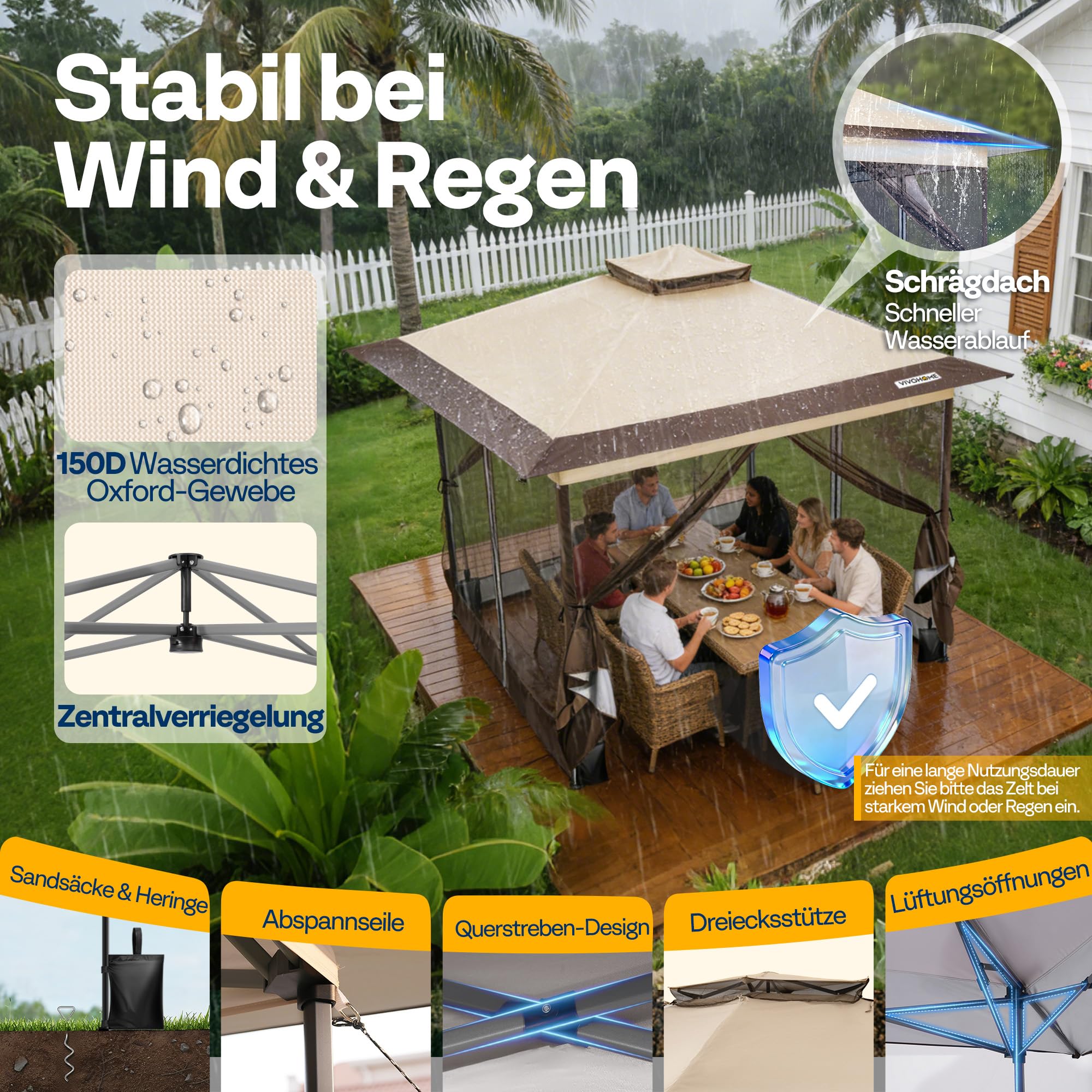 VIVOHOME Pavillon 3 x 3 m Zelt für Außenbereich wasserdicht mit Moskitonetz tragbare Rolltasche für Hof Camping Picknick Partys und Veranstaltungen