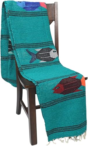 Miniatura 2 de Open Road Goods Manta de yoga mexicana gruesa, diseño de pez serape, hecha a mano (turquesa)