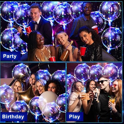 Miniatura 6 de Vinsot Paquete de 30 globos LED Bobo iluminados, globos transparentes de burbujas de helio, que brillan con tira de luces para fiestas, cumpleaños