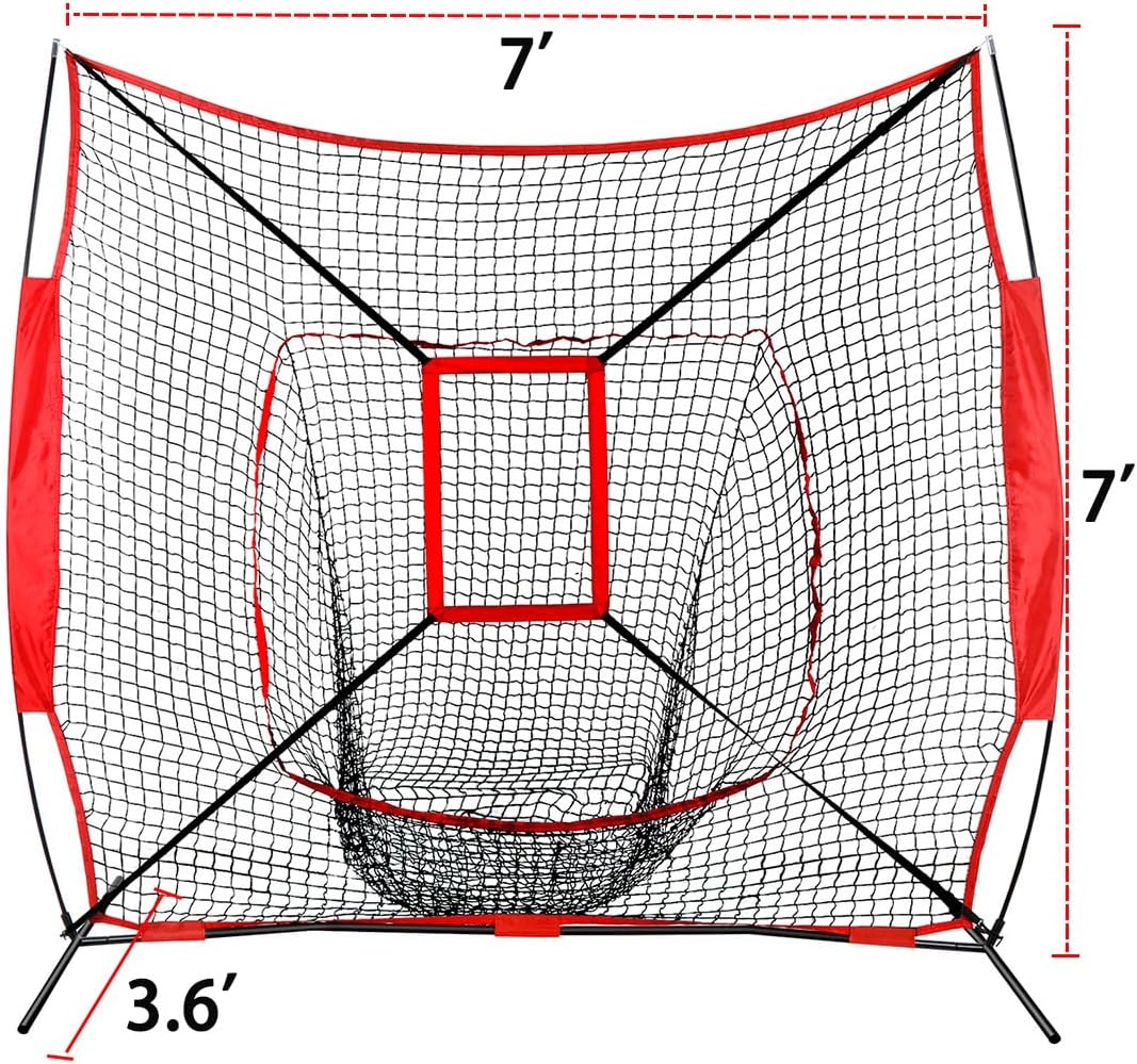 Smartxchoices 7x7 Feet Baseball Softball Hitting Pitching Practice Net with Strike Zone, Batting Tee,Ball Caddy Set with Carry Bag, Baseball Backstop Practice Net for Pitching Batting Catching
