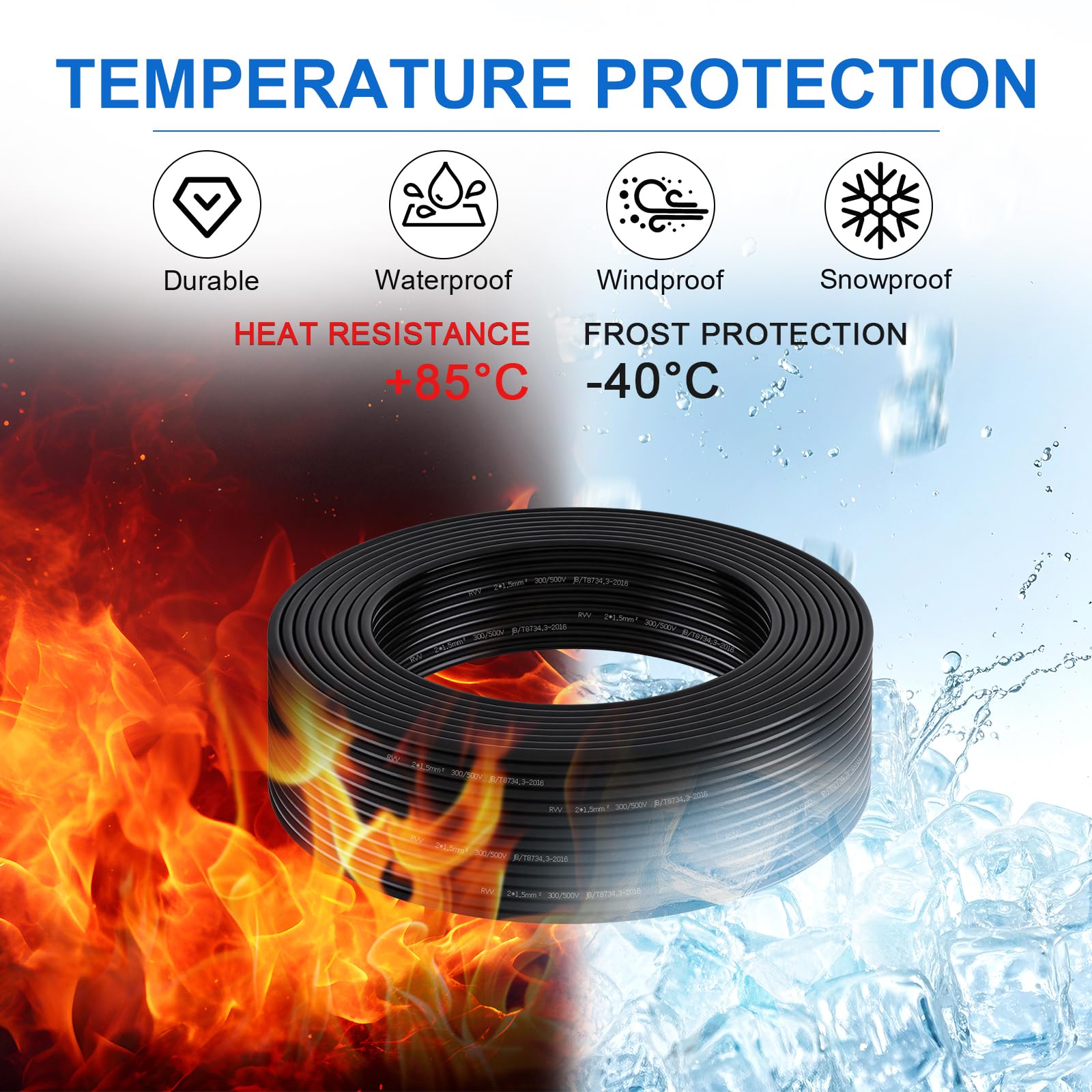 Câble Rond 2 Fils, 2 x 1,5 mm², 10M, Câble électrique Rouge/Noir, 12V/24V fil de cuivre étamé pour Le câblage des Feux arrière de remorque, L'automobile fil electrique, Equipement de Bateau
