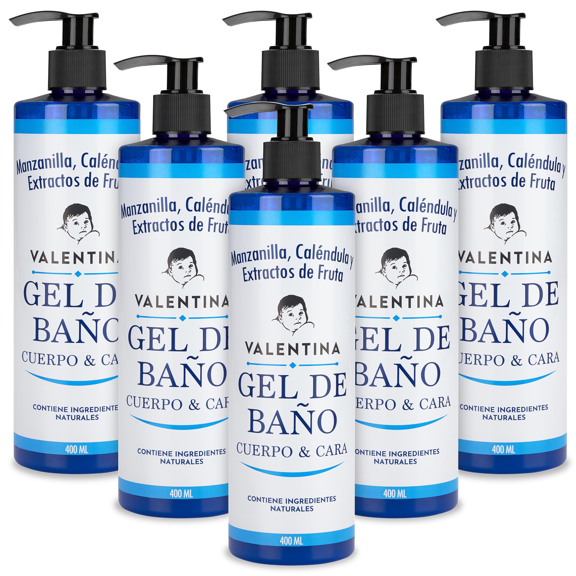 VALENTINA Gel de Baño Ideal Bebes y Niños para Cuerpo y Cara con Caléndula, Manzanilla y Extractos de Frutas | Natural, Suave, Apto para Piel Sensible y Atópica | Uso Familiar 2.400 ml. Sin parabenos