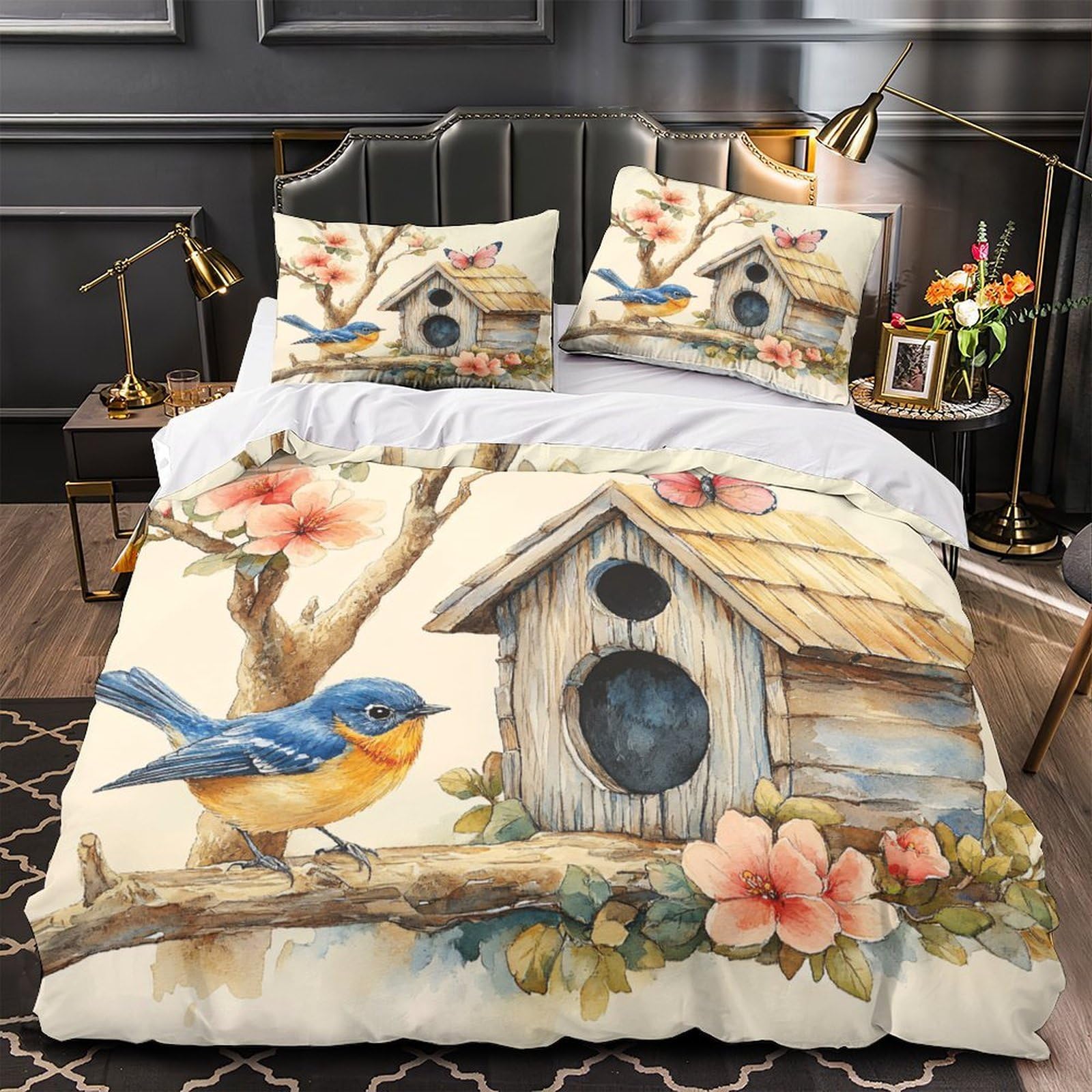 MMDASBVPE Birdhouse with Flowers Quilt Cover 3D Print Anti-allergic 3 Pieces Bed Set Hidden Zipper Duvet Cover Ultra Soft All Season for Adults Kids Teens Women Youth Teenagers Double（200x200cm）