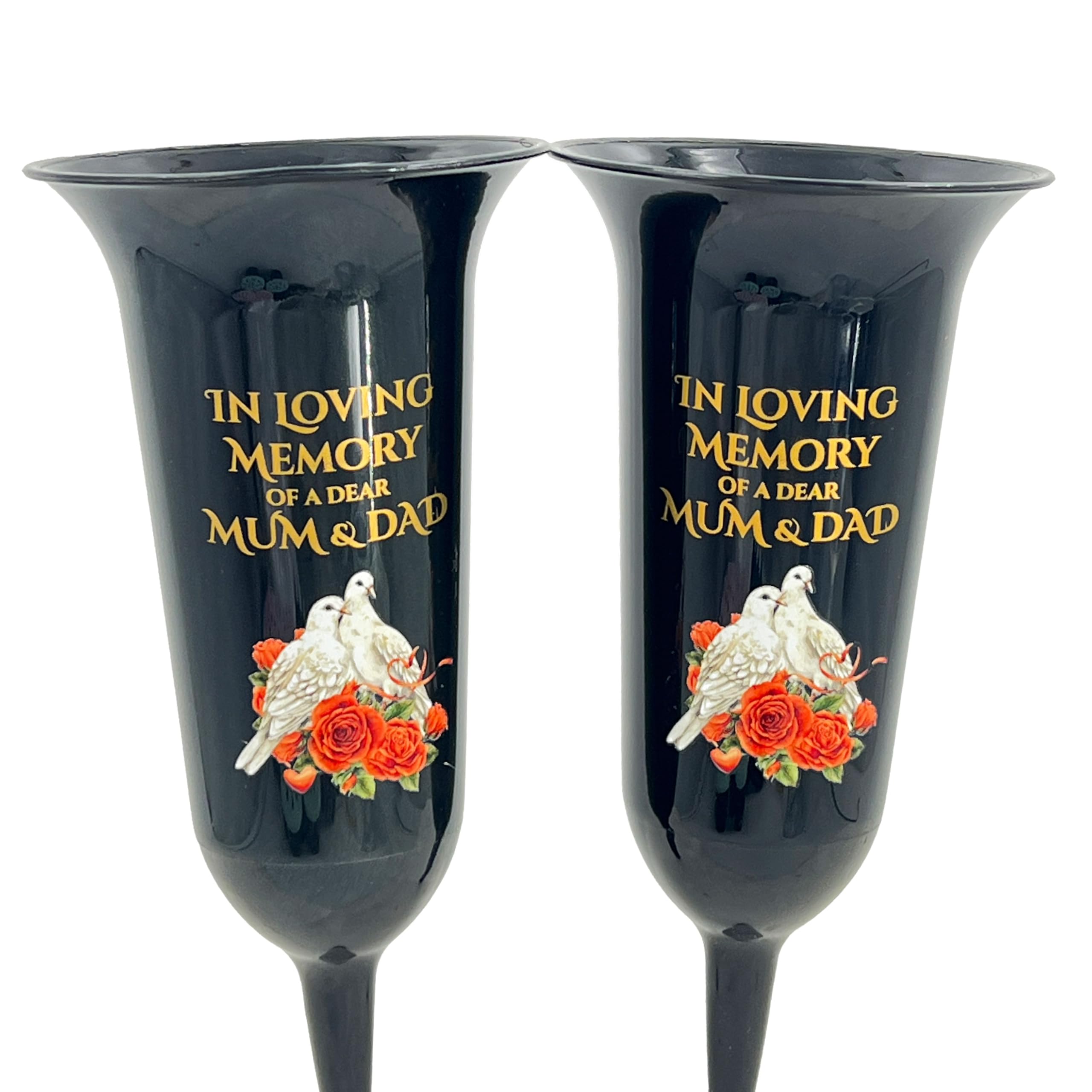Angraves Set of 2 Mum and Dad Dove Rose Black and Bronzed Gold In Loving Memory Fluted Spiked Memorial Grave Cemetery Flower Vases Holders Containers Pots