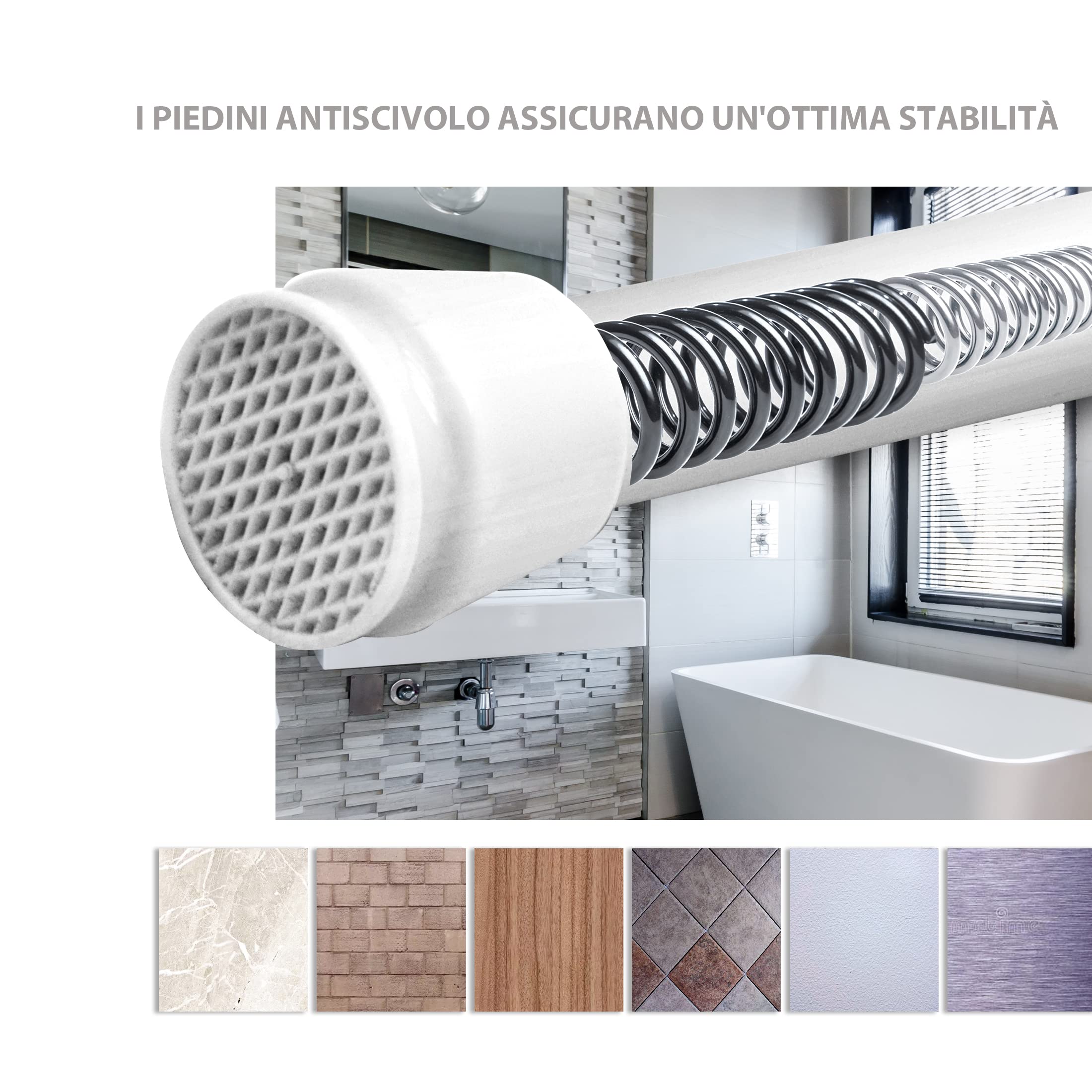 Levivo Asta per tende, utilizzabile anche come asta doccia o asta appendiabiti, lunghezza variabile semplicemente estendendo l'asta telescopica, in alluminio cromato, 105-180 cm, Bianco