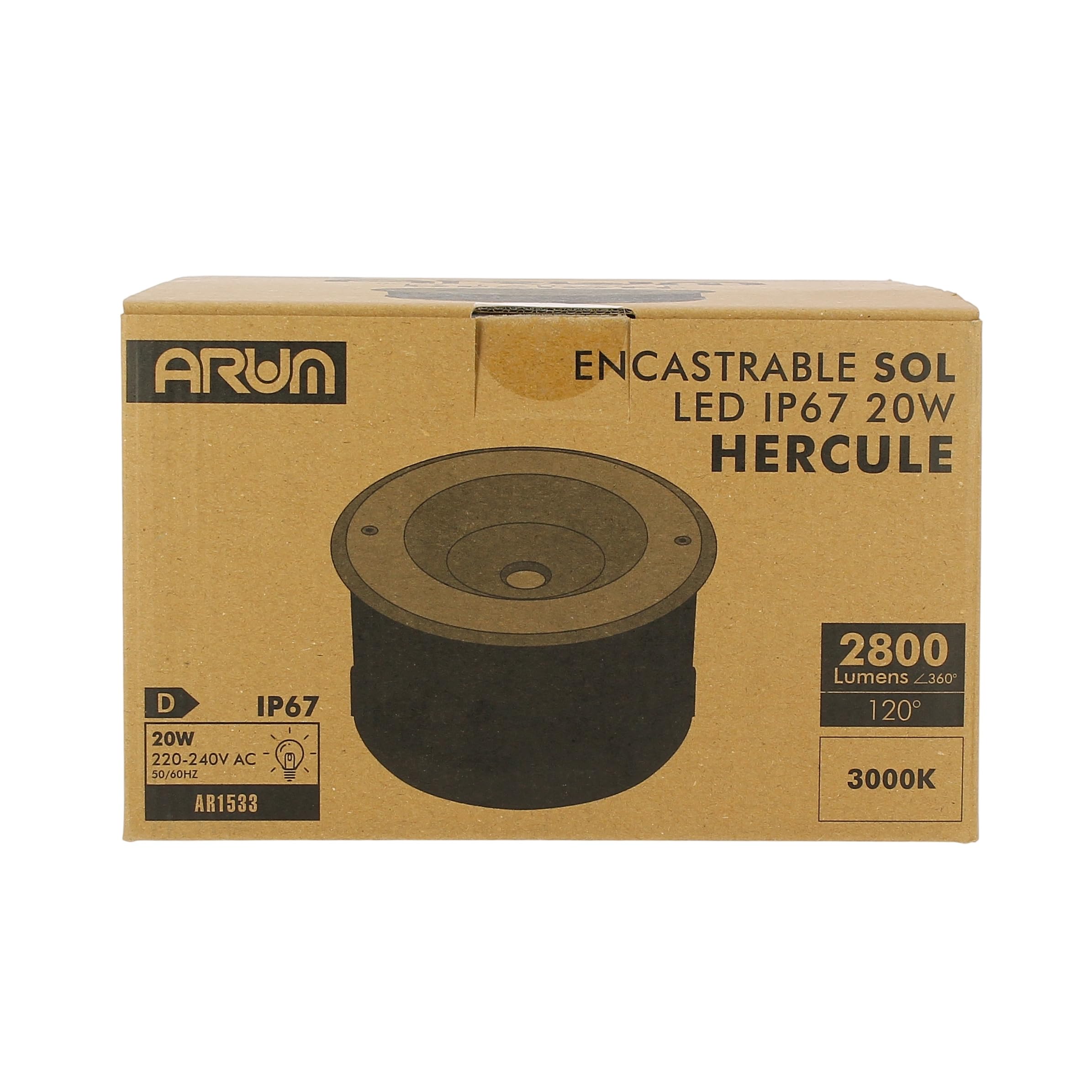 Arum LIGHTING - Spot Encastrable de Sol Extérieur HERCULE, LED COB 20W (2800 Lm), Blanc Chaud 3000K, Étanche IP67, Projecteur Puissant pour Terrasse, Arbre et Façade, Ø 20cm