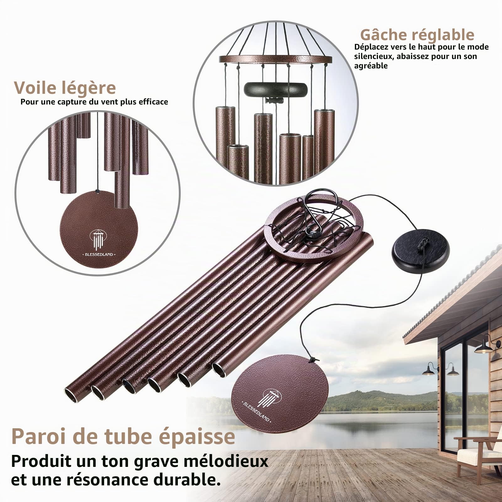 Carillon à Vent Grand Ton Profond, 41", 6 Tubes en Aluminium, décoration extérieure pour Jardin, Cour, Patio et Maison (veine cuivre)