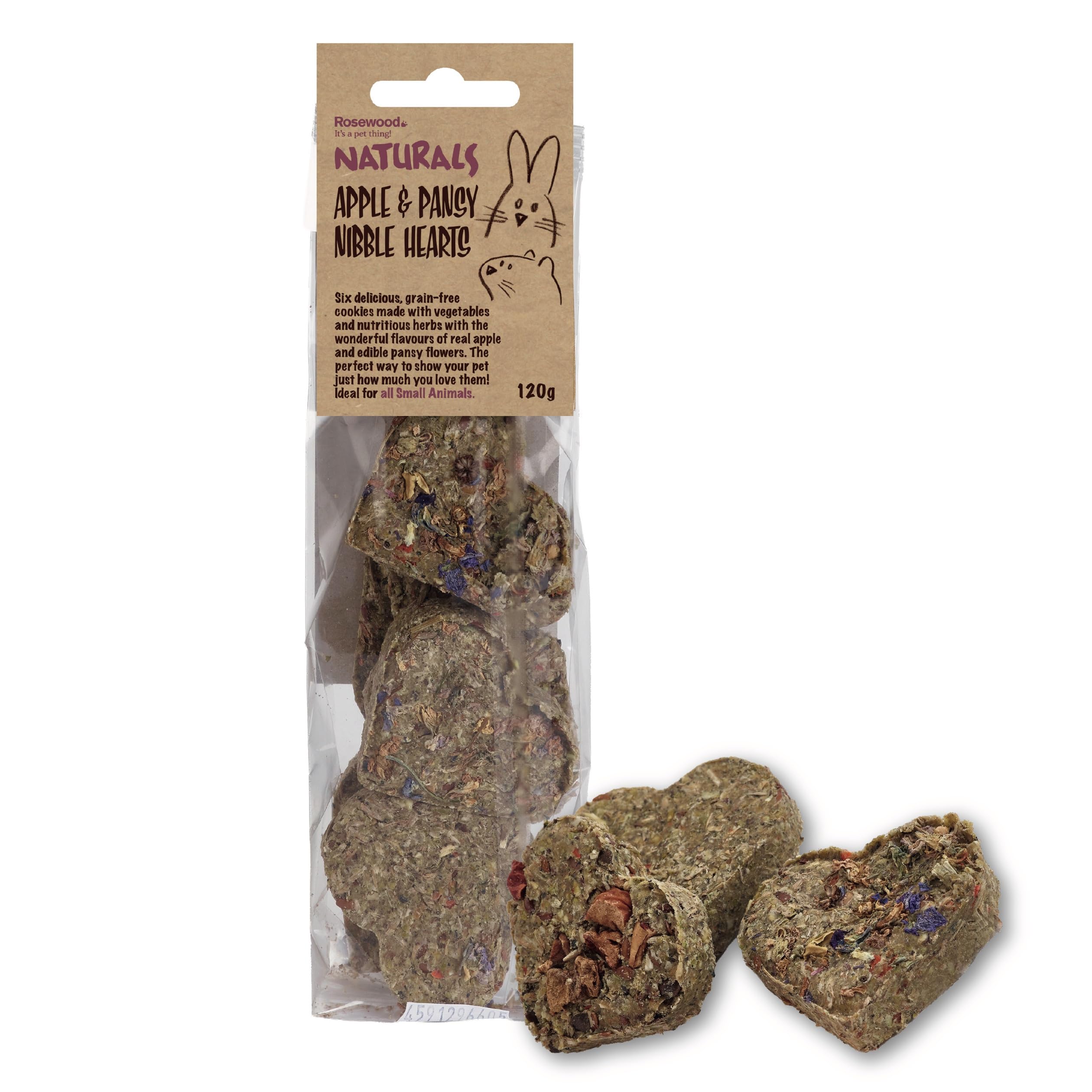 Rosewood Naturals Apple & Pansy Nibble Hearts, Small Animal Treats for Rabbits, Guinea Pigs, Chinchillas, Degus, Hamsters, Gerbils, Mice and Rats, 120g