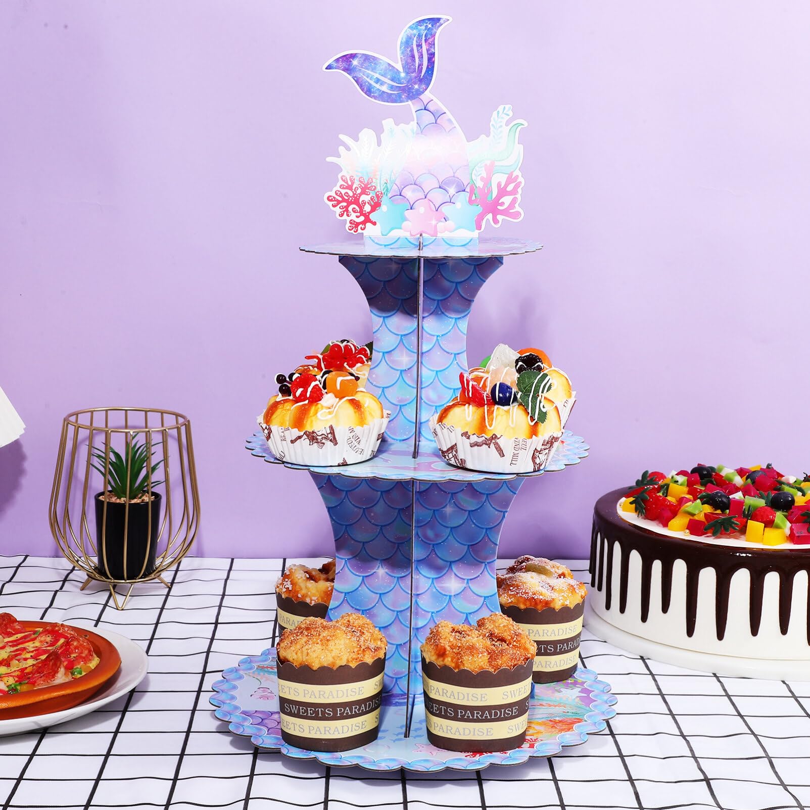 CHUANGOU 2 PCS Alzata Torta,3 Livelli Alzata Cupcake in Cartone,Adatto per La Festa di Matrimonio, Compleanno, Baby Shower, Torta, Torta da Dessert( Sirena