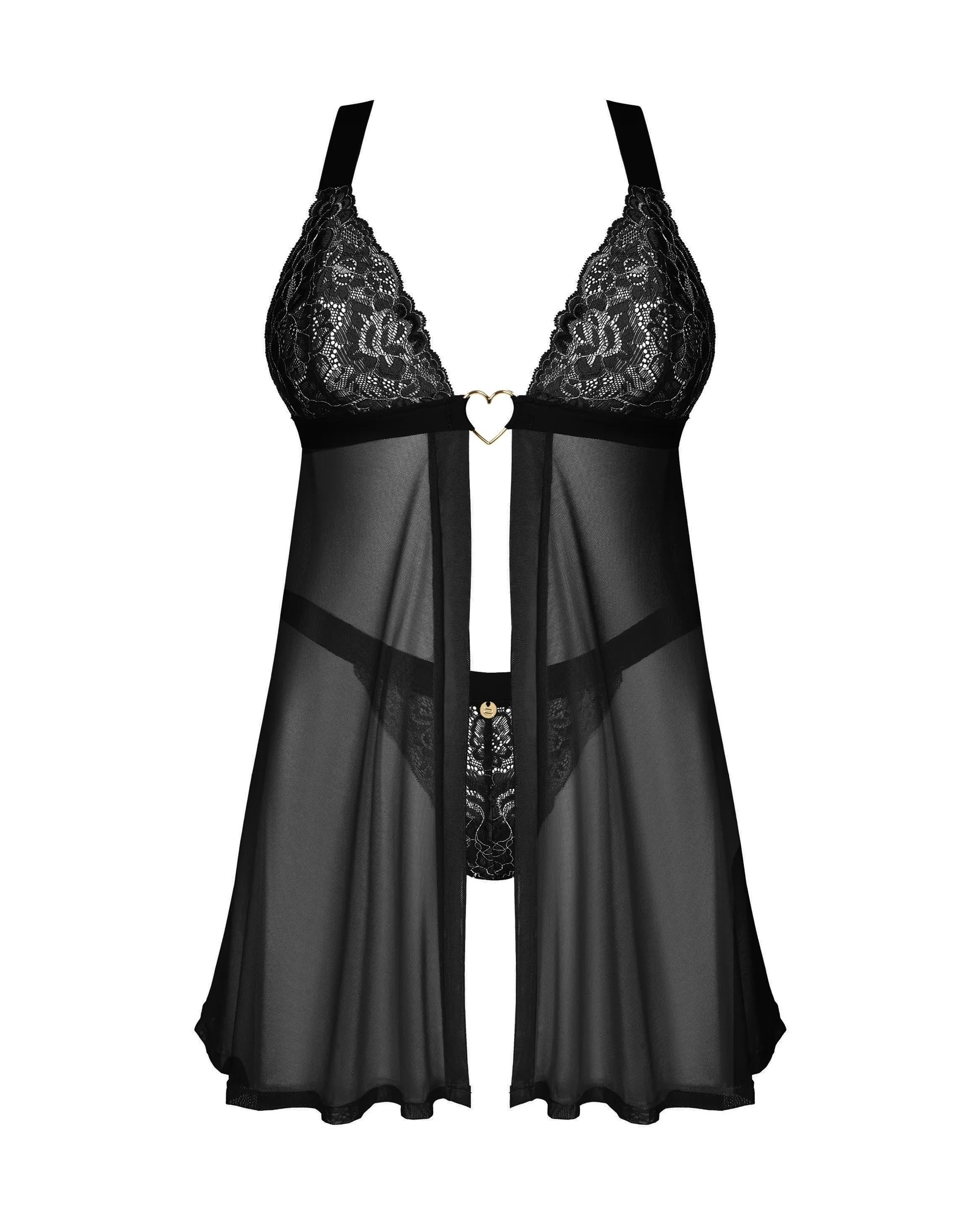 Selente Love & Fun Raffinato Completo Intimo Donna a 3 Pezzi: negligé o Babydoll, Tanga Abbinato ed esclusiba Benda per Occhi in Raso. Made in EU.