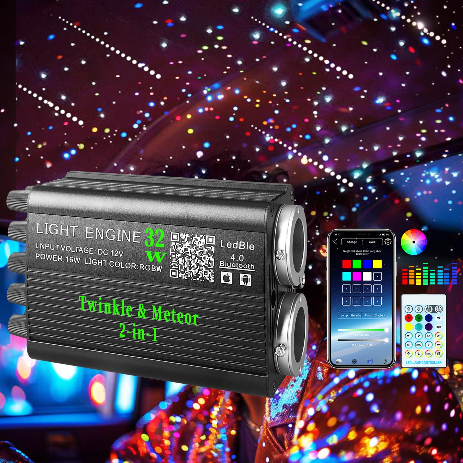 VASTFIRE Starlight Headliner Kit – 1300pcs Twinkle Meteor Fiber Optic Star Lights for Car, Bluetooth APP & Remote Control, RGBW Color Changing, DIY Interior Roof Ceiling Light, Sound Sync LED Kit