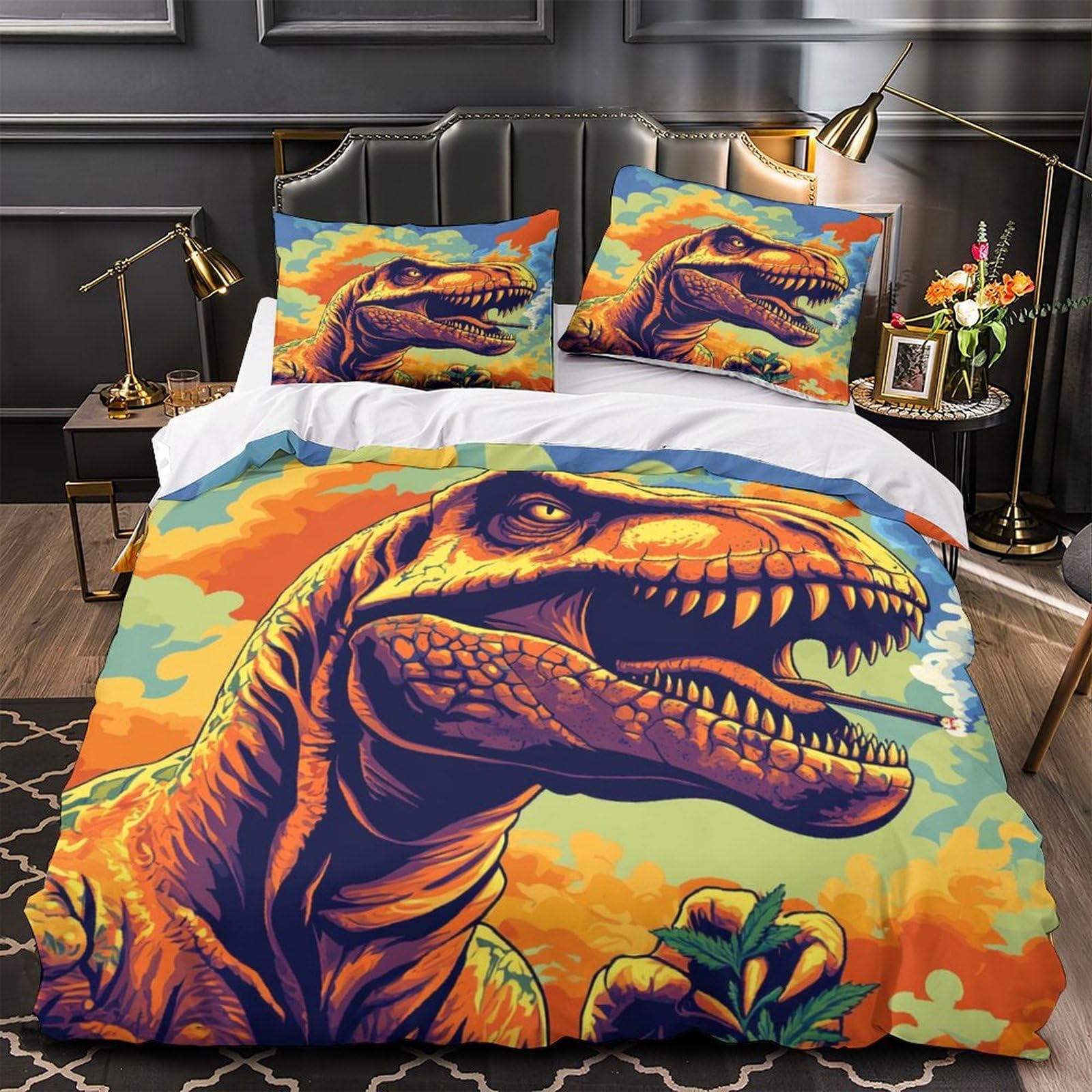 Housse de couette dinosaure 260x220cm avec fermeture éclair pour lit super king d'ado