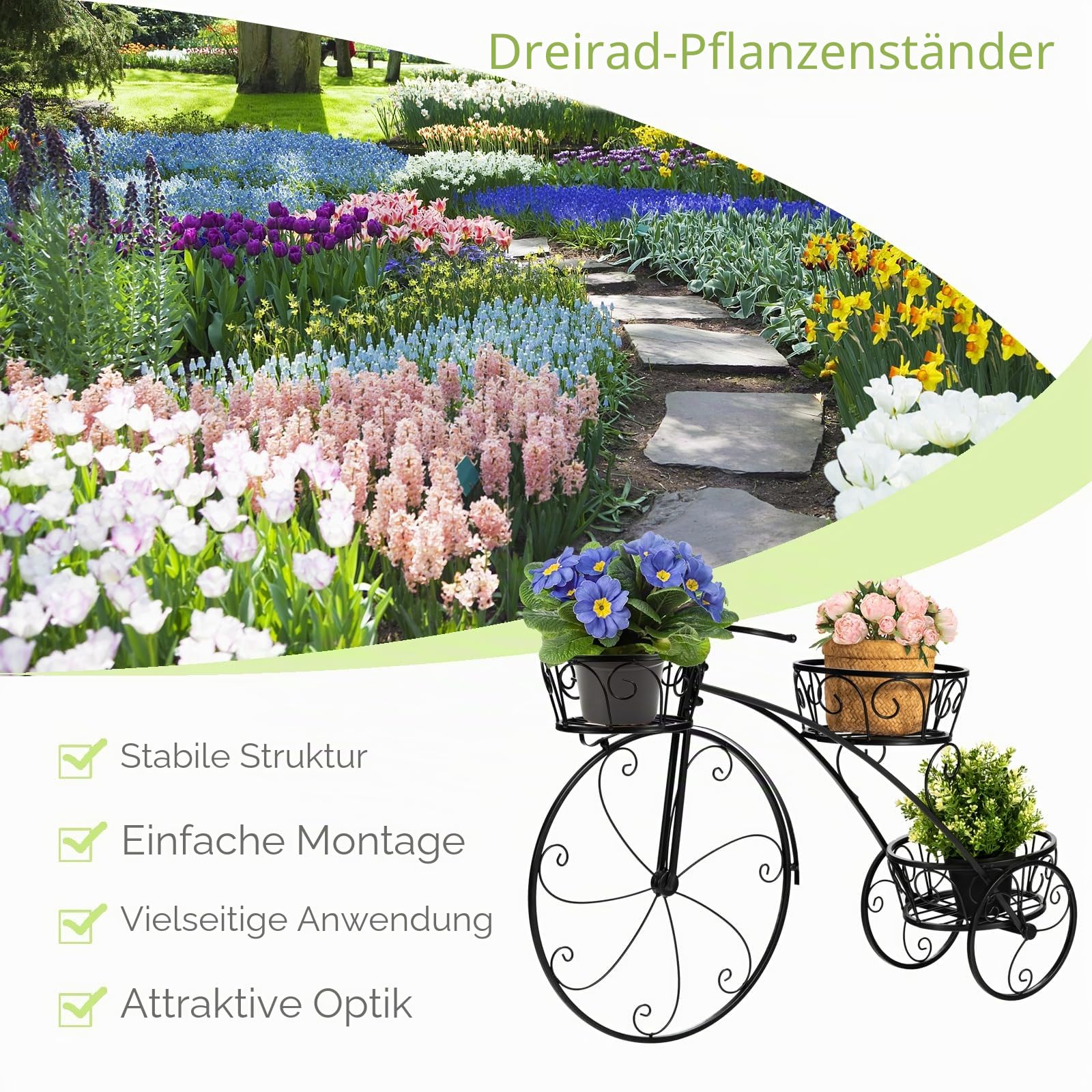 HOMASIS Blumenständer im Fahrradform, Blumentreppe Metall Pflanzenständer mit 3 Ebenen, Pflanzentreppe Vintage-Stil für Garten, Balkon, Büro, Blumenregal Pflanzregal 80x25x52cm (Schwarz)