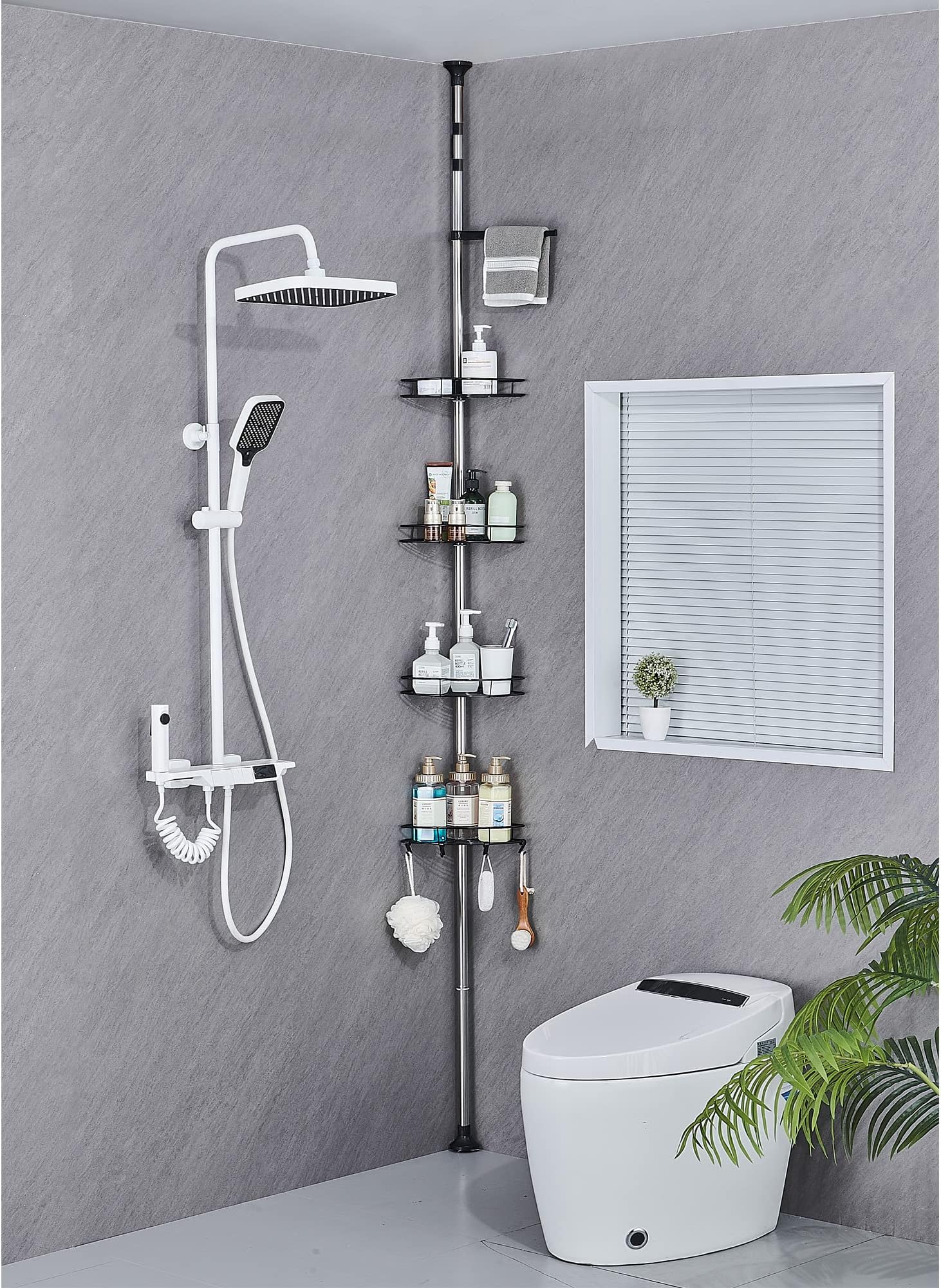 DUFU Adjustable Bathroom Corner Shelves, Telescopic Shower Caddy with 4 Baskets, 4 Hooks, 1 Towel Rail, No Drilling Storage Shower Shelf, 95-305 cm Floor to Ceiling, Black