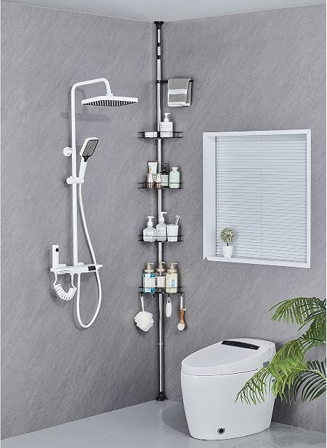 DUFU Adjustable Bathroom Corner Shelves, Telescopic Shower Caddy with 4 Bathroom Baskets, 4 Hooks, 1 Towel Rail, No Drilling Bathroom Storage Shower Shelf, 95-305 cm Floor to Ceiling, Black