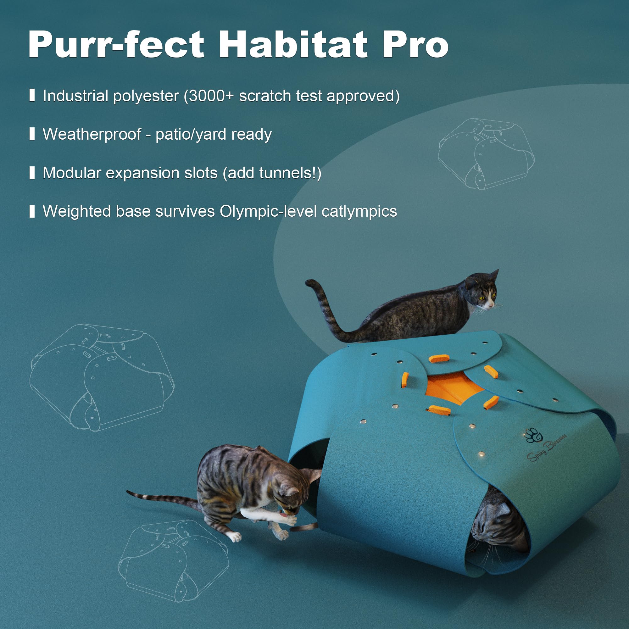 Túnel para gatos de cinco pétalos, cueva para gatos de interior, resistente a los arañazos, juguetes para gatos medianos y grandes de hasta 30 libras (azul pavo real)