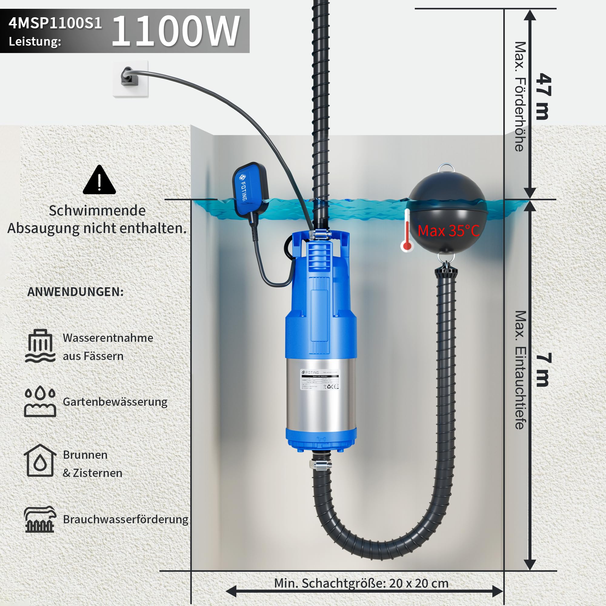 FOTING Tauch-Druckpumpe 4 inox, 1100W Tauchdruckpumpe mit 6800 l/h Fördermenge, Förderhöhe max. 47 m, Eintauchtiefe max. 7 m, integrierter Schwimmerschalter, für Schächte, Zisternen, Garten
