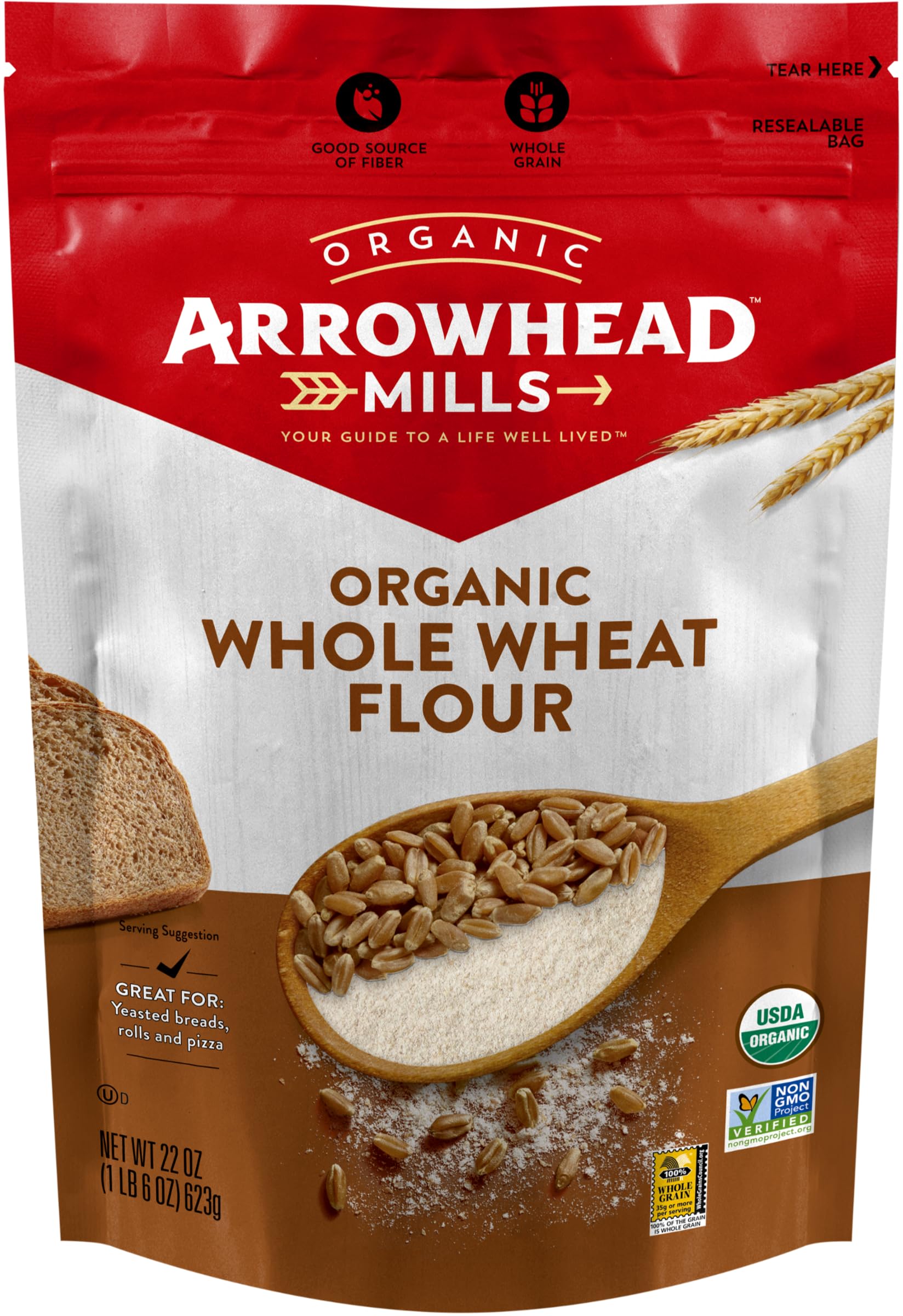 Arrowhead Mills Organic Stone Ground Whole Wheat Flour, 22 oz Bag