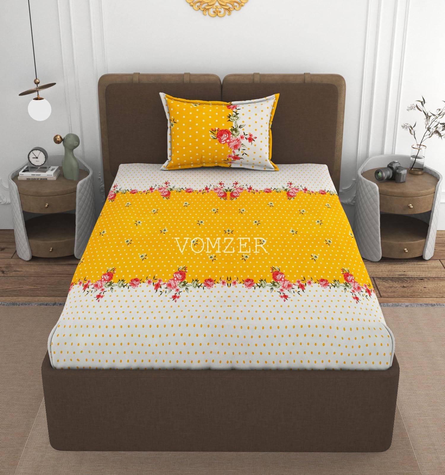 VOMZER Premium 320 TC Fitted Bed Sheet with Full Elastic - Deep Pocket Design - Wrinkle Resistant Fitted Bedsheet 36x72 Single Yellow Dots