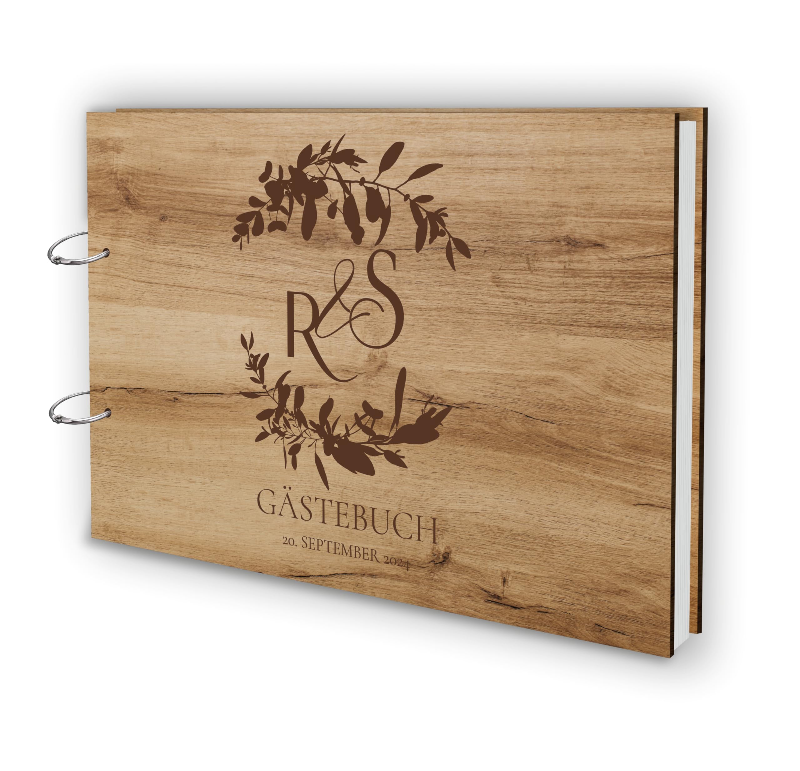 Manschin-Laserdesign Holz Gästebuch Love Hochzeit Echtholz mit individueller Lasergravur | 50 Blätter (100 Seiten) | DIN A4 |