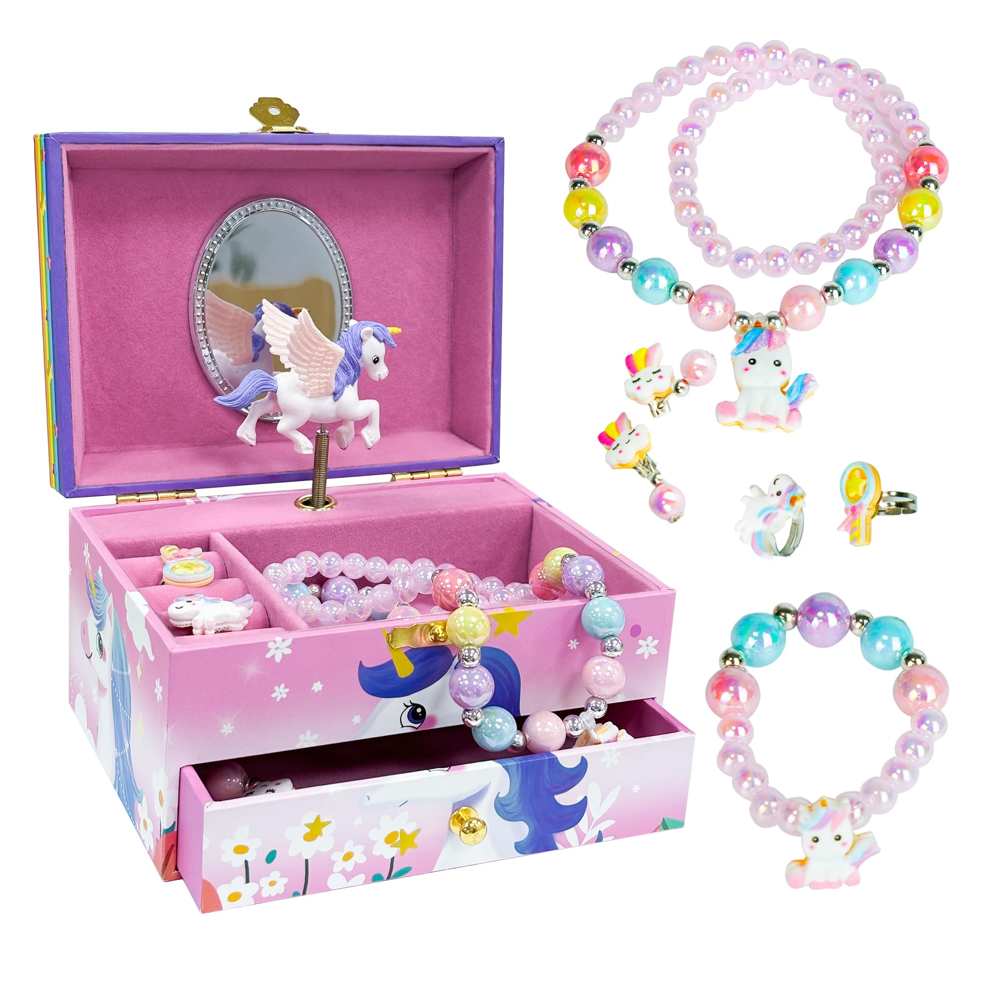AdelDream contenitore musicale con unicorno con ali d'angelo musicali regalo per bambini(unicorno rosa a due strati,set di accessori da 5 pezzi)