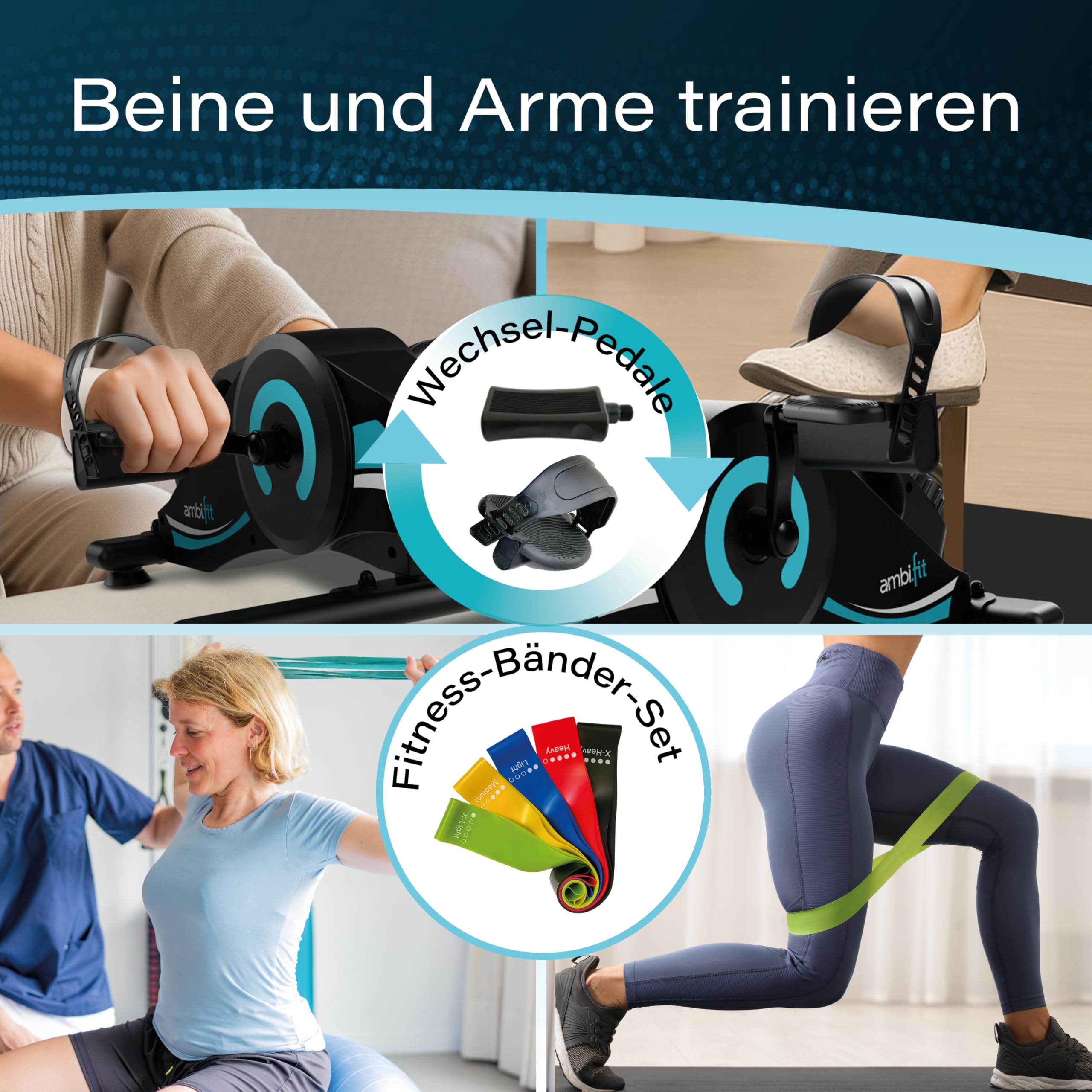 Pedaltrainer Ergometer Set [Magnetbremse & 16 Widerstandsstufen] Beintrainer & Armtrainer mit Trainingsmonitor | Heimtrainer Fahrrad Fitnessgeräte für Zuhause | Bewegungstrainer Senioren - AMBIFIT