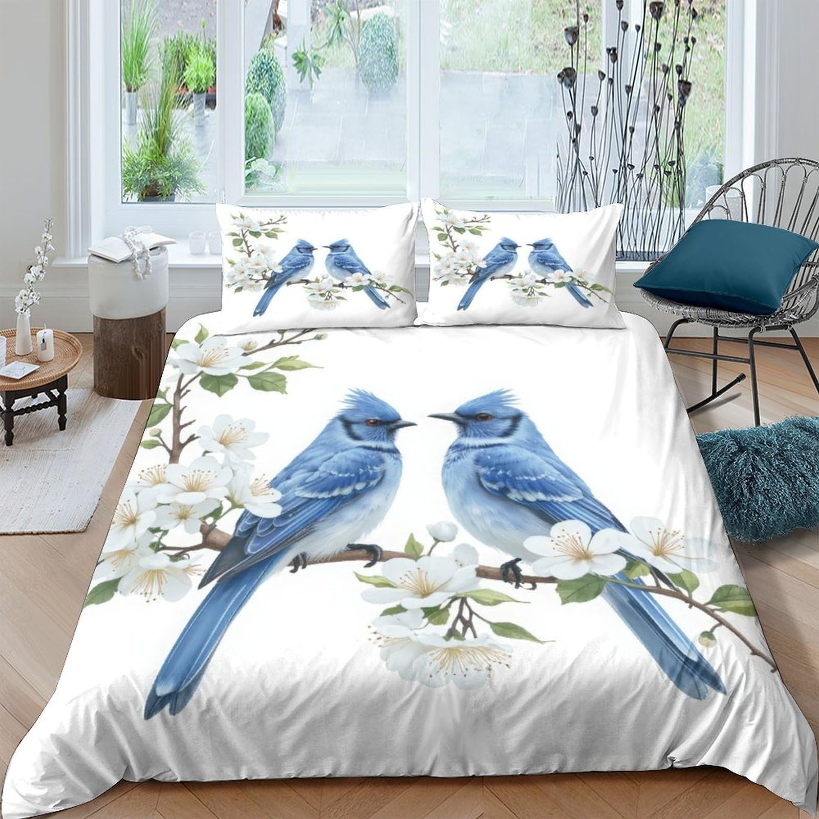 GPLZQXKJNH 3D Printed Blue Bird Blossom Duvet Cover Microfiber Soft Bedding Set with 2 Pillowcases for Bedroom Home Decor Single（135x200cm）