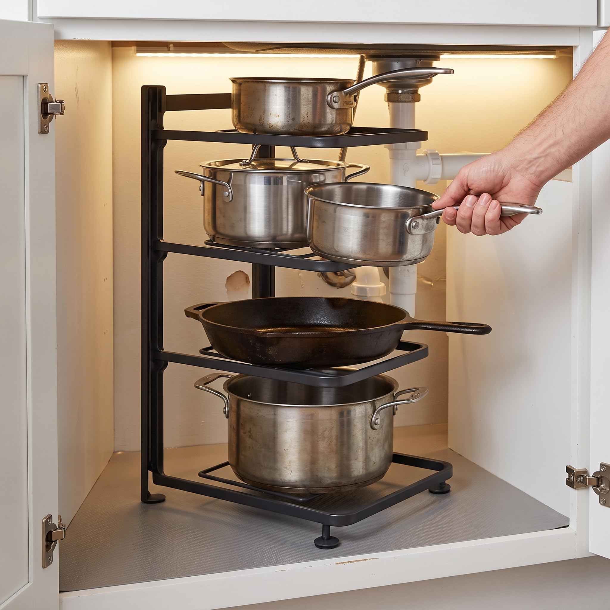 Homyl Organisateur sous évier en métal, étagère rangement pour cuisine, pot rack robuste et réglable, four-layer