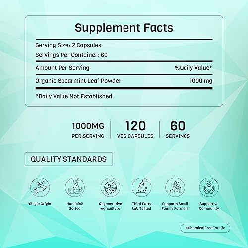 Miniatura 5 de Cápsulas de polvo de menta verde orgánica de 1000 mg  Certificado orgánico USDA  Sin OMG  Sin gluten  Vegano - 120 cápsulas vegetales