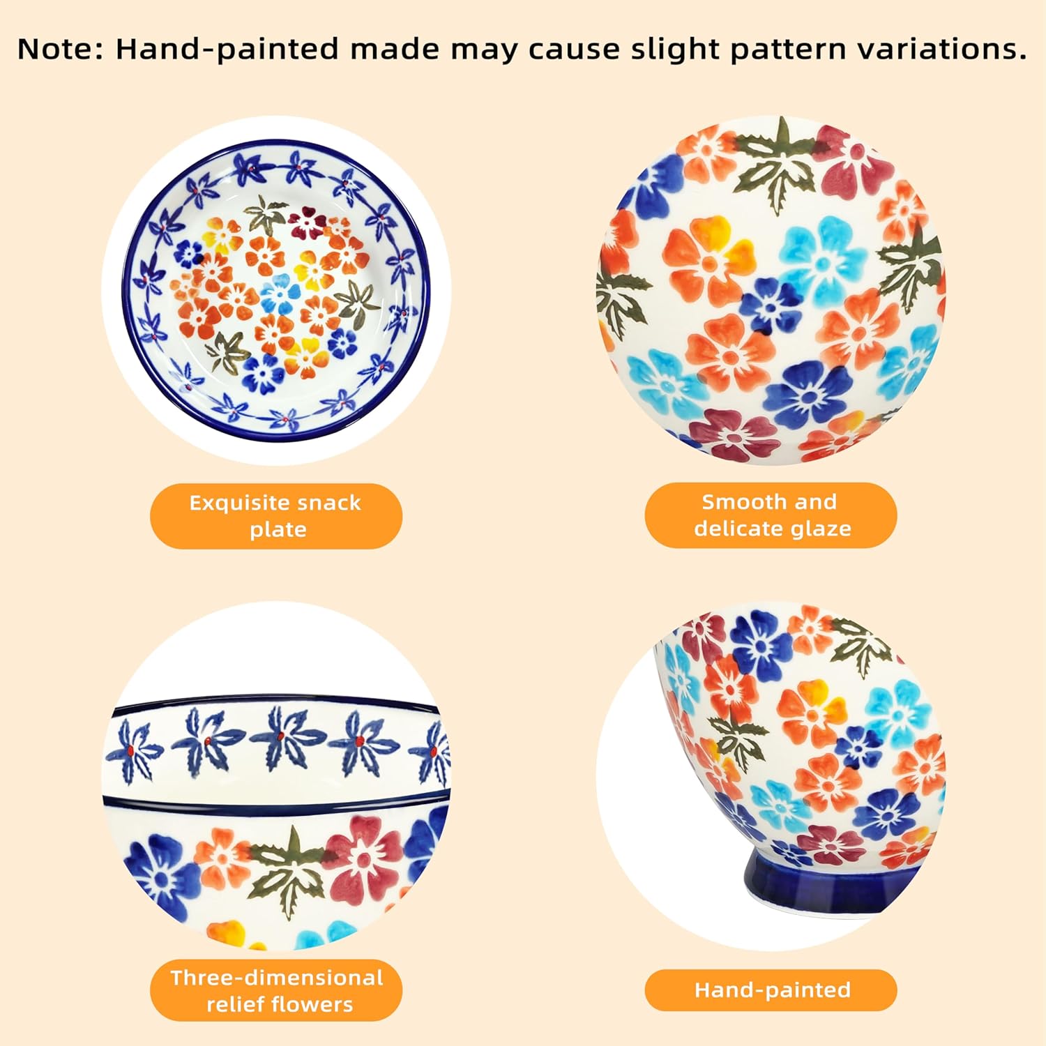 JUSONEY 18OZ Handpainted Ceramic Soup Bowls with Snack Serving Tray,with Vintage Floral Embossed Design Microwave Safe, Large Handle & Thick Base, Perfect for Cereals, Fruits,Soup,nut,Snack etc.(F)