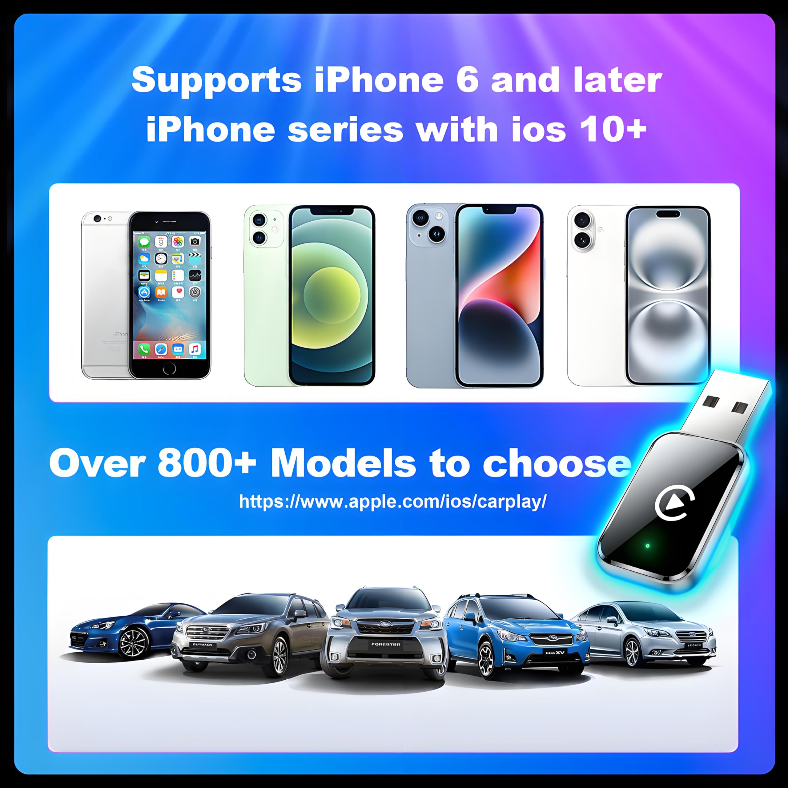Bezprzewodowy adapter CarPlay do iPhone'a, konwertuj przewodowy na bezprzewodowy adapter Apple CarPlay, Plug & Play, bez opóźnień i stabilne sterowanie, mini rozmiar, USB i USB-C/typ C do samochodów