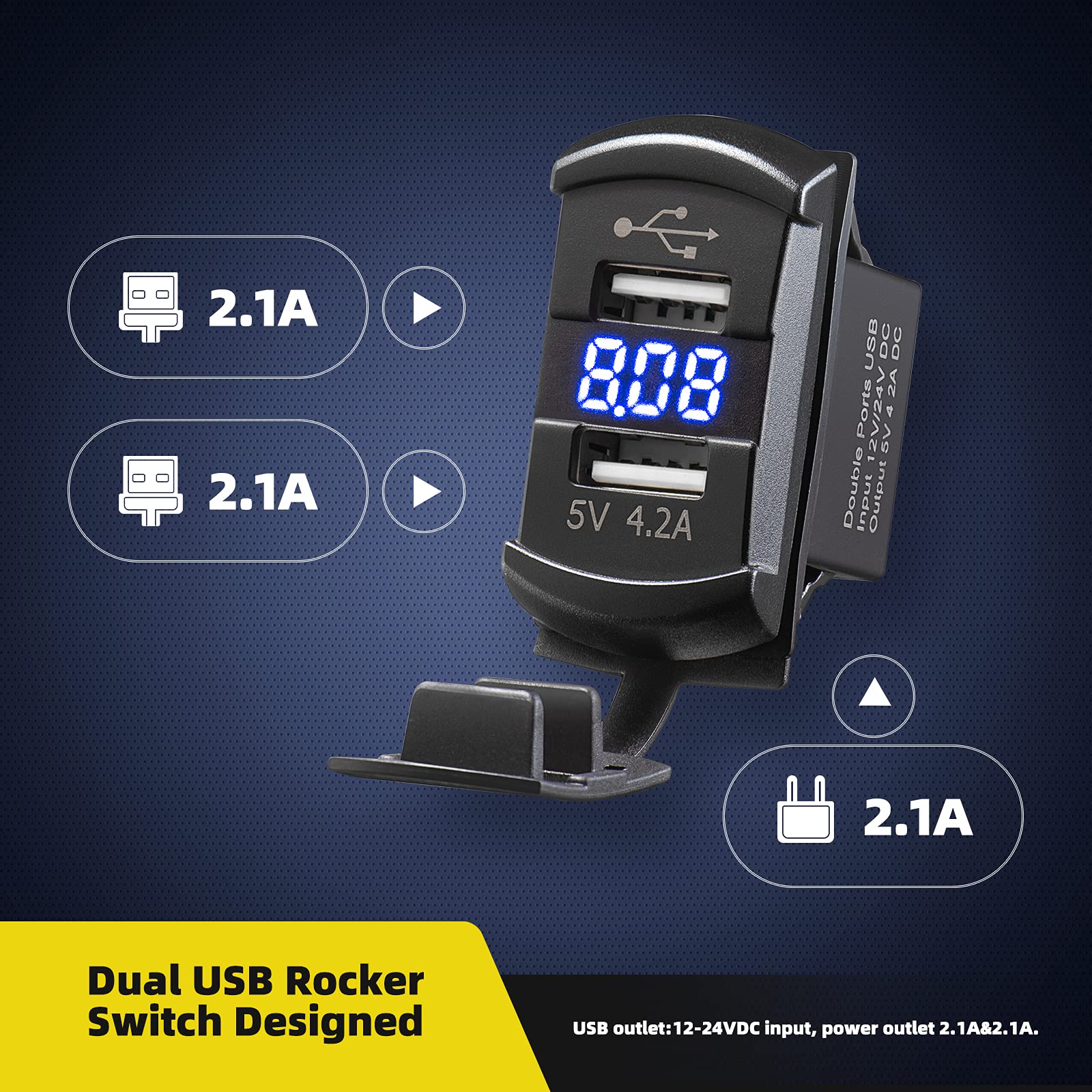 Rocker Switch Style USB Charger, Quick Charge 12V PD Type-C and QC 3.0 with LED Voltmeter and Inline Fuse for Boats, RVs, Trucks, and Cars