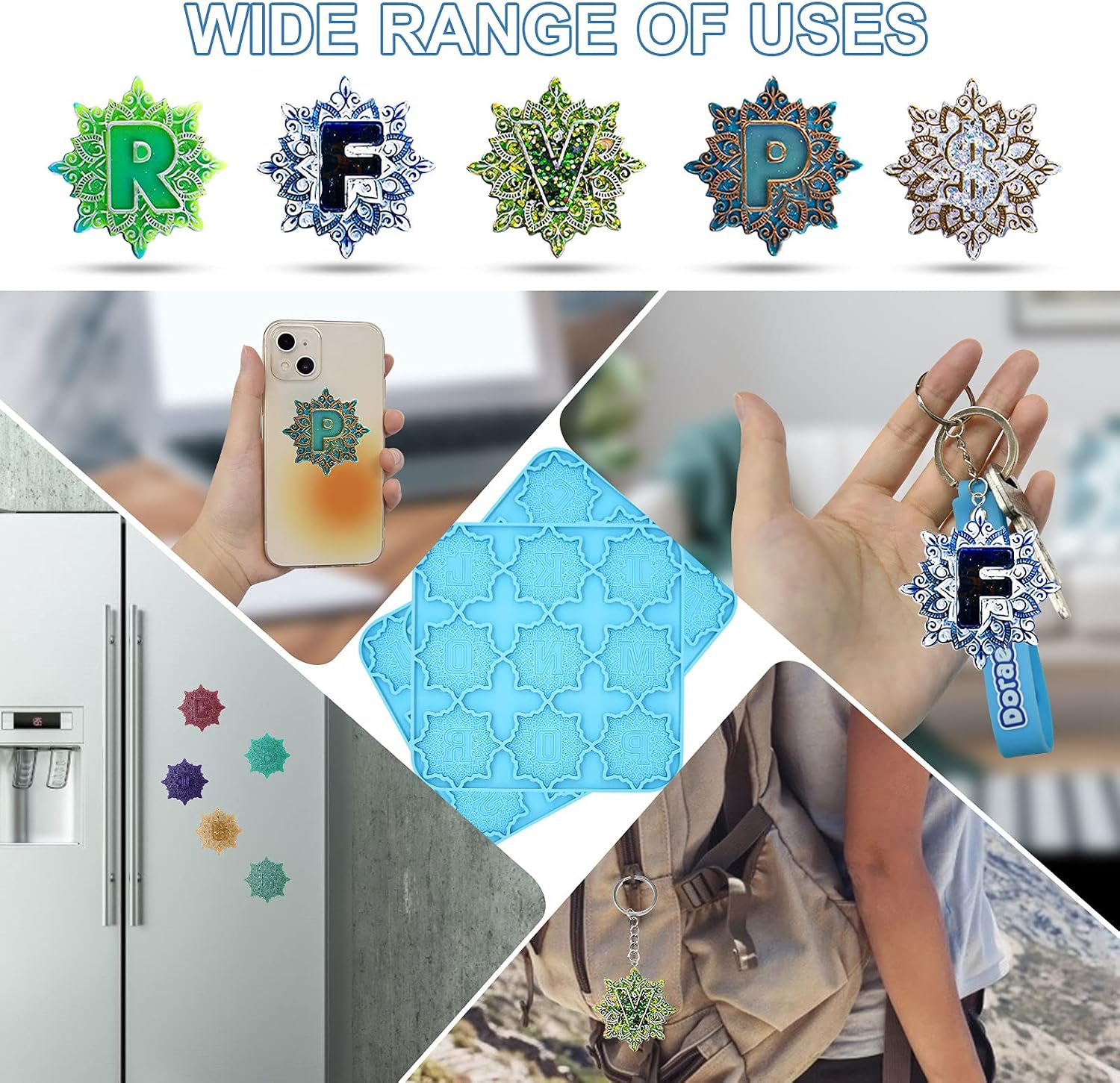 Amusediy Mandala Alphabet Mold for Resin, 26 Letters Silicone Molds for Epoxy Resin with 30Pcs Keychains, Halloween Pendants, Resin Keychain Molds for Fridge Magnets, Bag Ornaments, Christmas Crafts