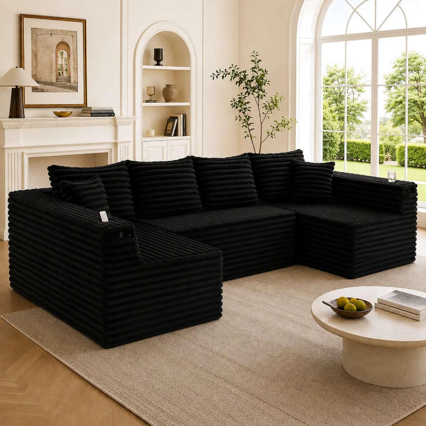 YEHTOKHOME Sofá moderno de pana en forma de U con portavasos y bolsillos laterales, sofá modular con 4 cojines de respaldo y 2 cojines decorativos, para salón (Negro)