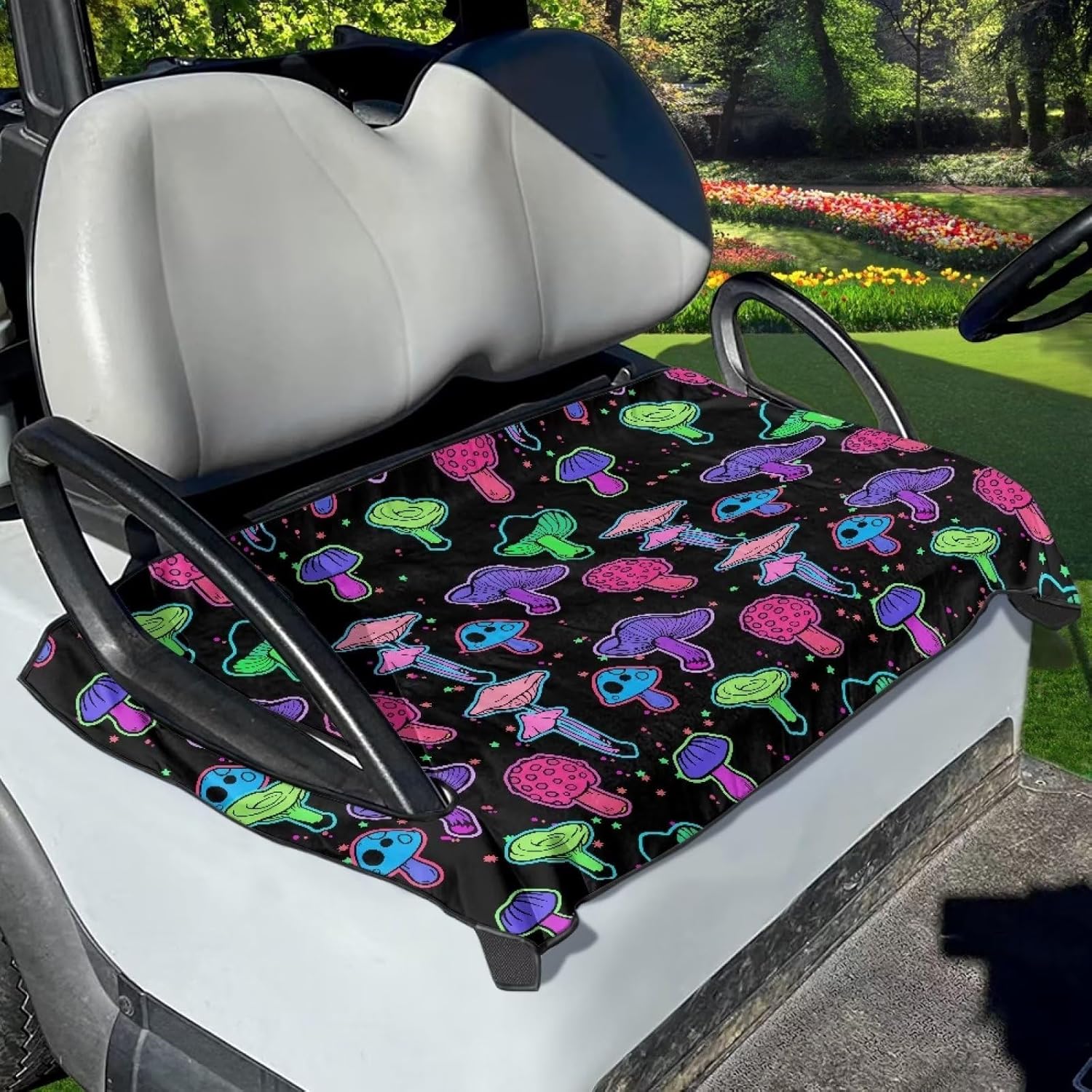 Flashideas Multicoloured Mushrooms Golf Cart Seat Covers Blanket Golf Cart Accessories Comfortable Portable Golf Cart Seat Towel for 2 Person Seats