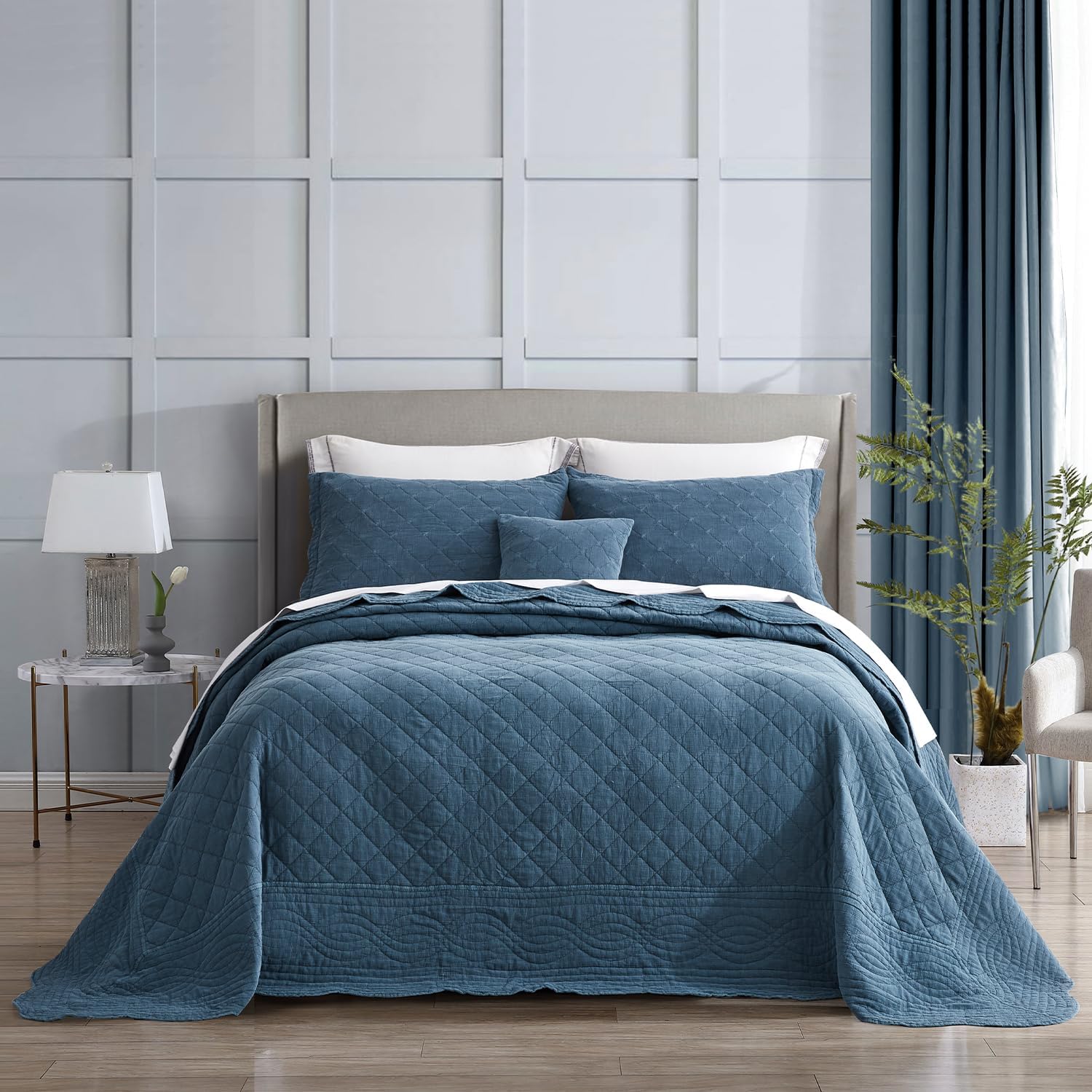 HZ & HY Oversized King Bedspread - Shabby Chic Rustic Look - Enzyme Washed, Ultra Soft & Lightweight, Reversible, Cotton/Polyester, 5 Piece, China Blue